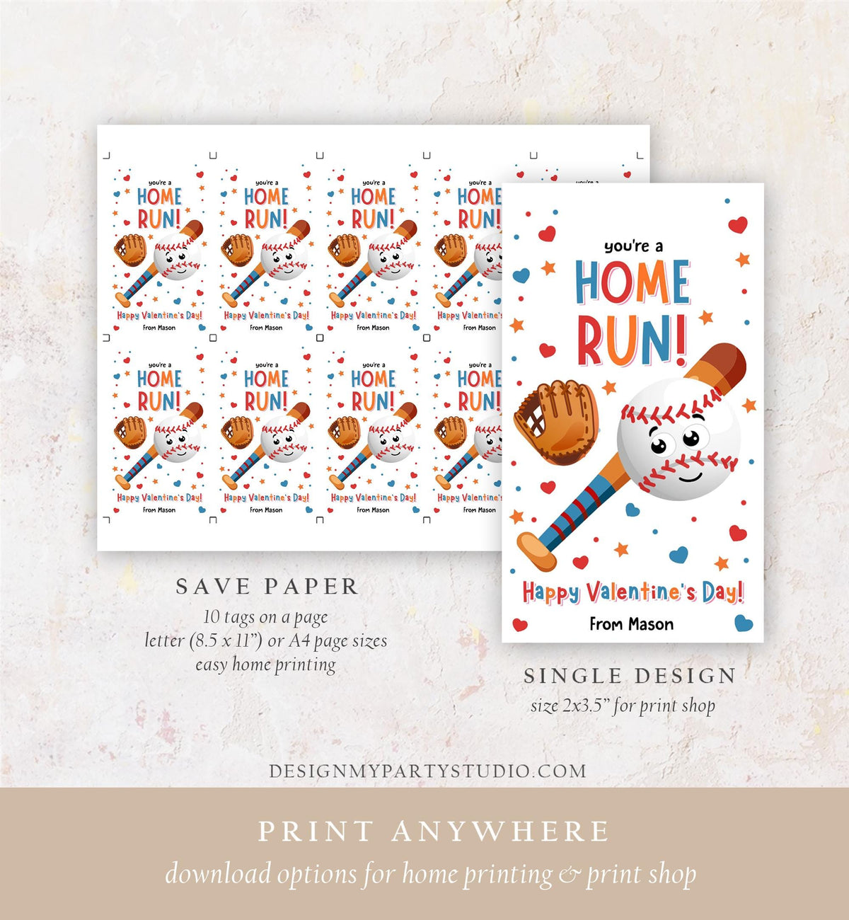 Editable You&#39;re a Home Run Valentines Day Gift Tag American Baseball Ball Glove Bat Card Kids School Classroom Template Printable 0370