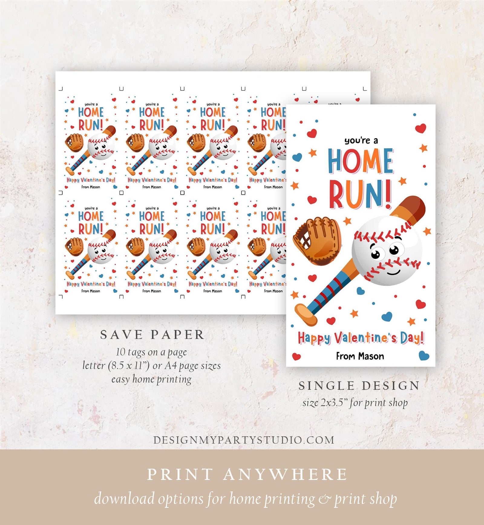 Editable You're a Home Run Valentines Day Gift Tag American Baseball Ball Glove Bat Card Kids School Classroom Template Printable 0370