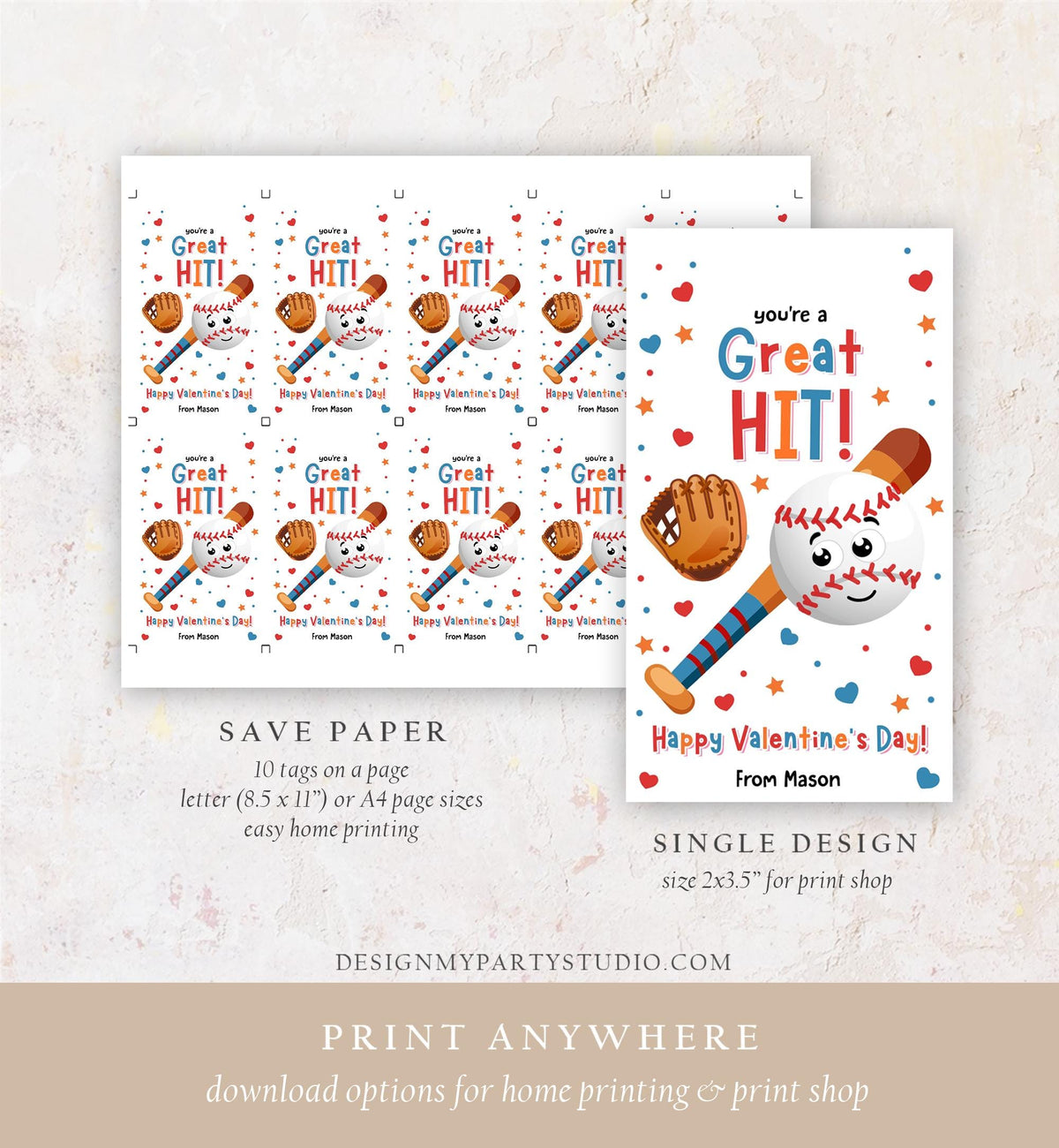 Editable You&#39;re a Great Hit Valentines Day Gift Tag American Baseball Ball Glove Bat Card Kids School Classroom Template Printable 0370