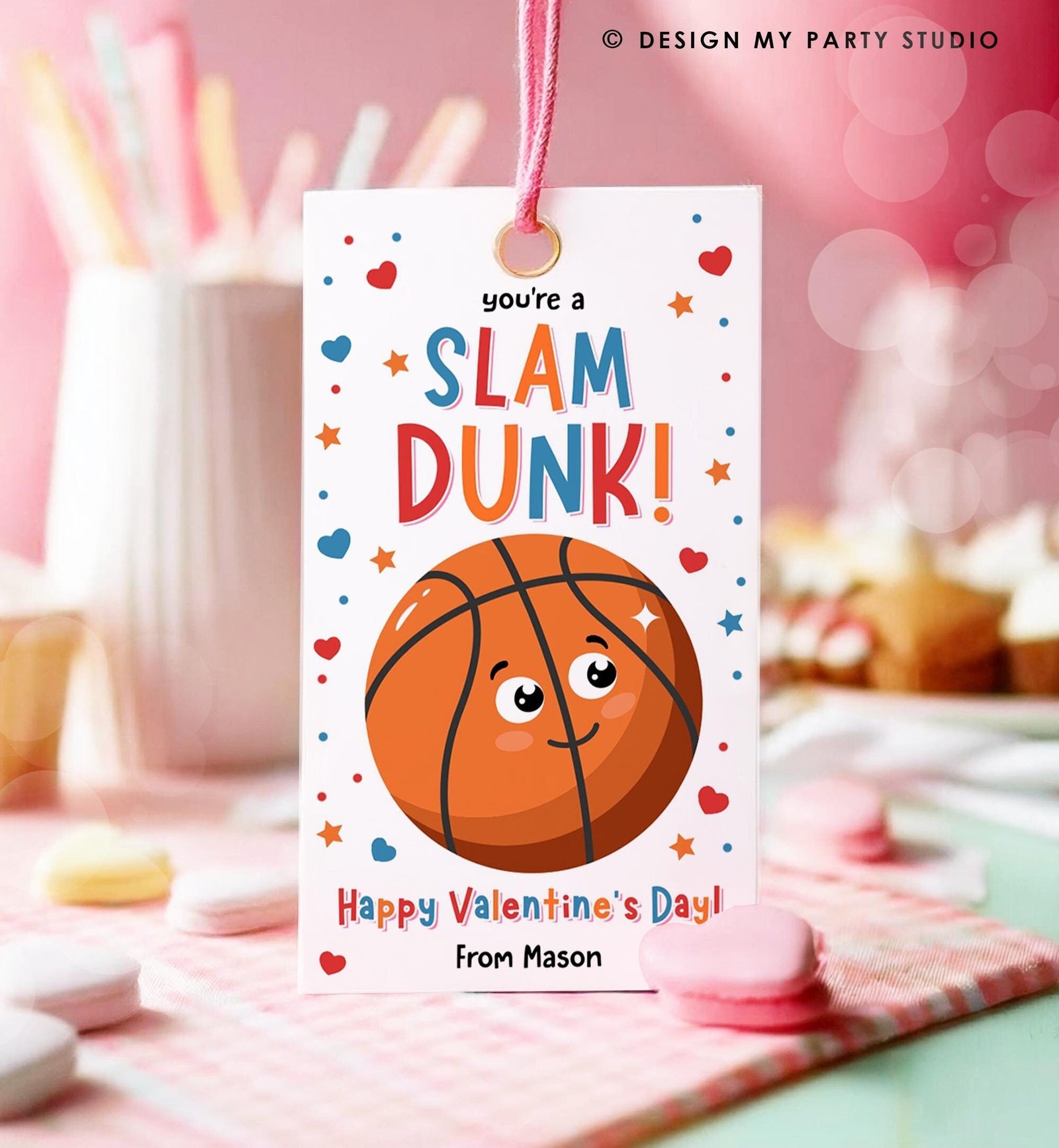 Editable You're a Slam Dunk Valentines Day Gift Tag Basketball Ball Net Alley-oop Pass Card Kids School Classroom Template Printable 0370