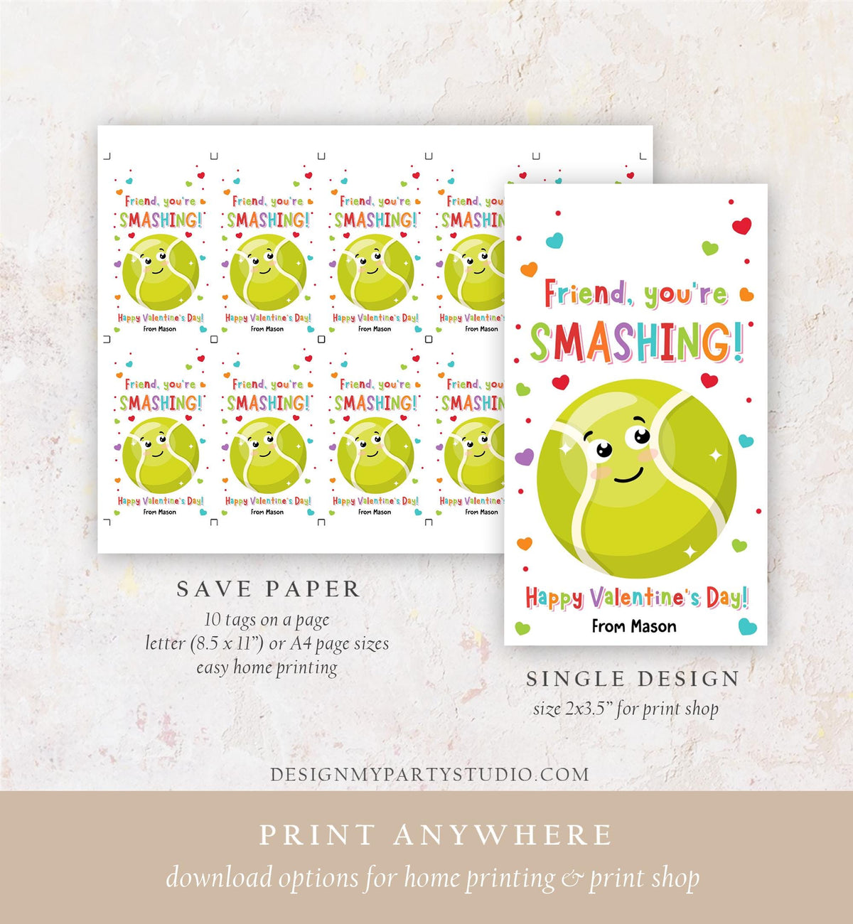 Editable Friend You Are Smashing Valentines Day Gift Tag Tennis Ball Ace Smash Favor Card Kids School Classroom Template Printable 0370