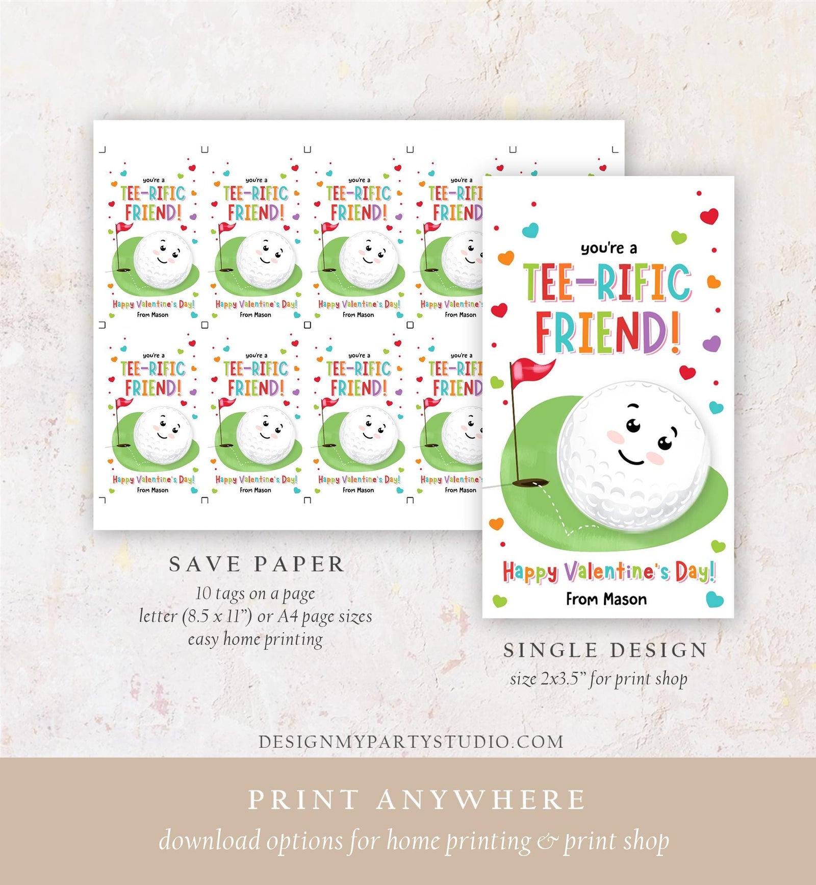 Editable You're a Tee-Rific Friend Valentines Day Gift Tag Golf Ball Hole in One Favor Card Kids School Classroom Template Printable 0370