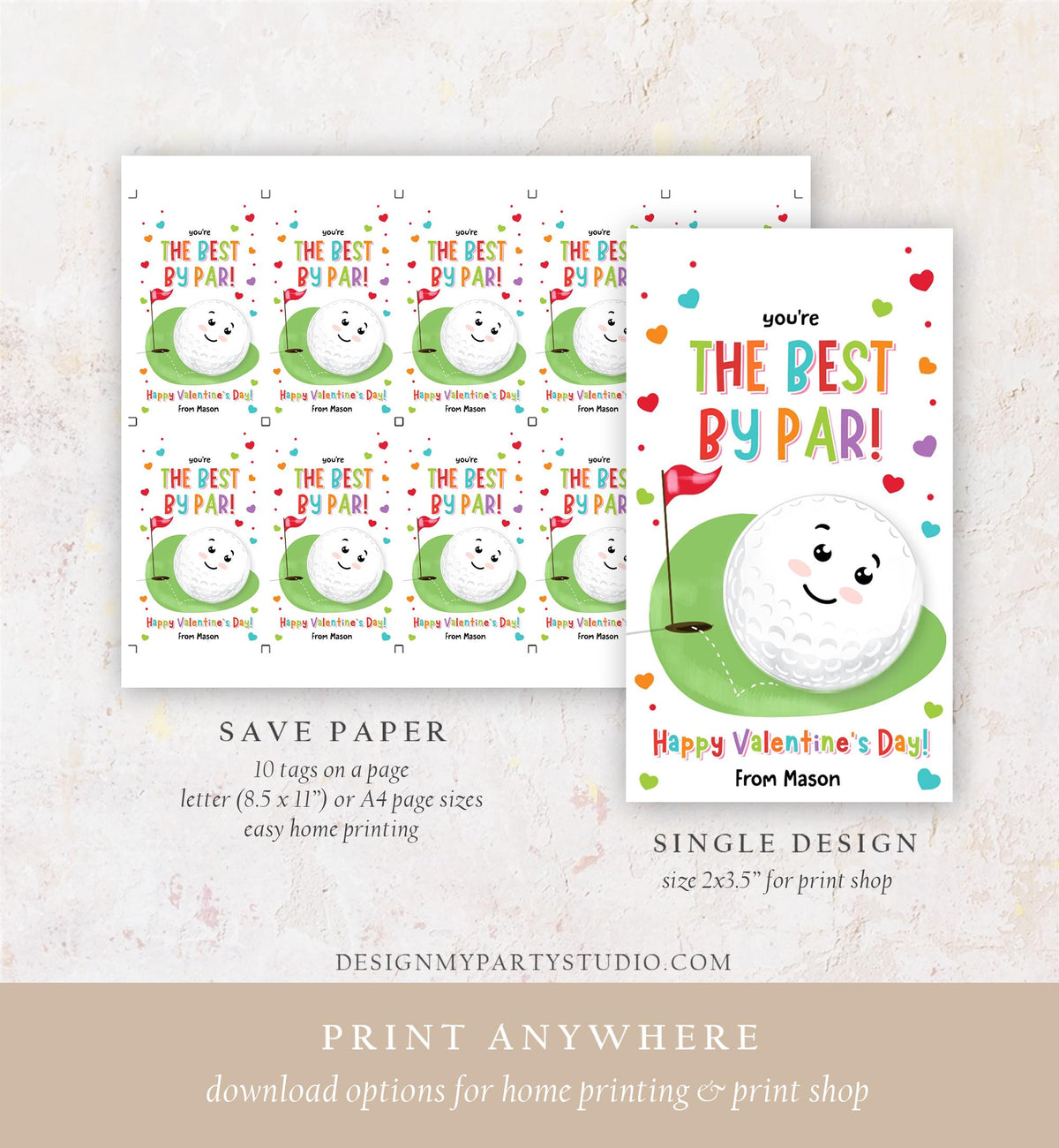 Editable You&#39;re the Best by Par Friend Valentines Day Gift Tag Golf Ball Hole in One Card Kids School Classroom Template Printable 0370