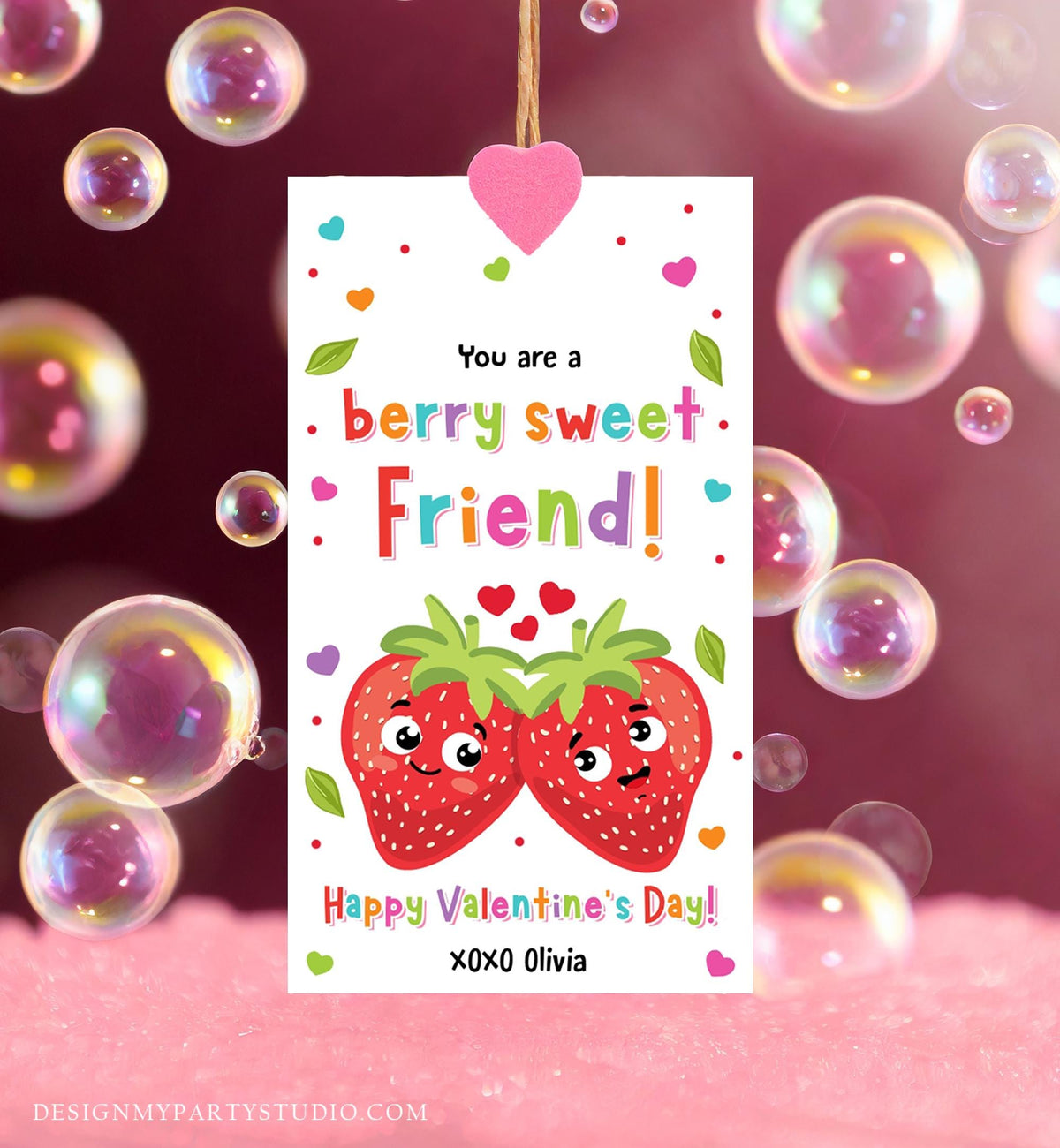 Editable You are a Berry Sweet Friend Valentines Day Gift Tag Strawberry Strawberries Card Kids School Classroom Template Printable 0370