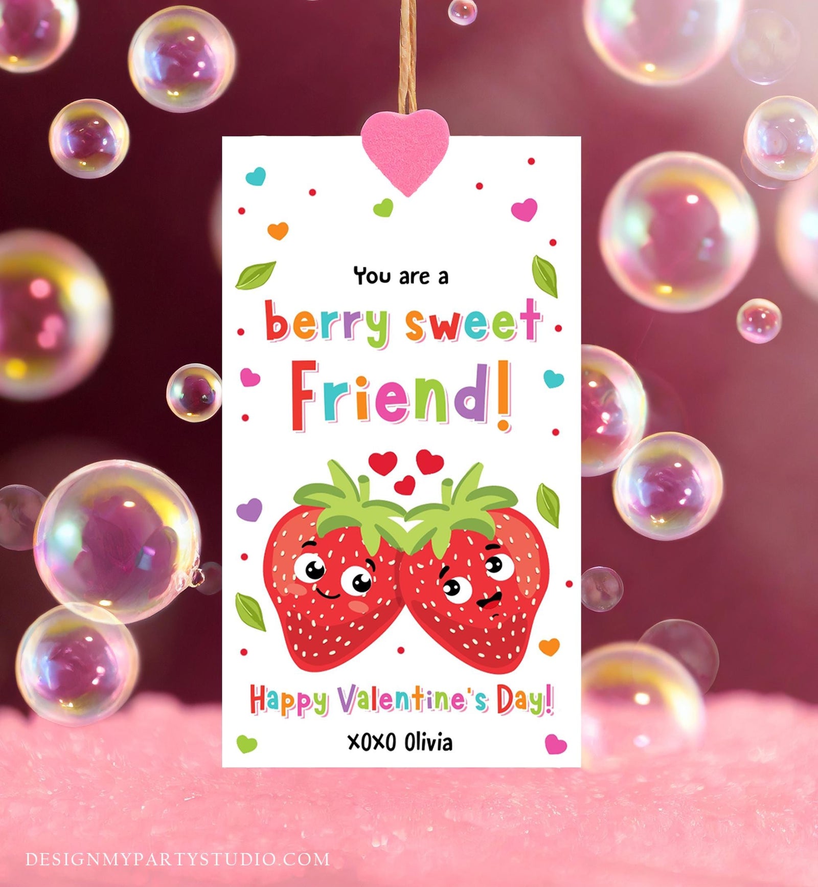 Editable You are a Berry Sweet Friend Valentines Day Gift Tag Strawberry Strawberries Card Kids School Classroom Template Printable 0370