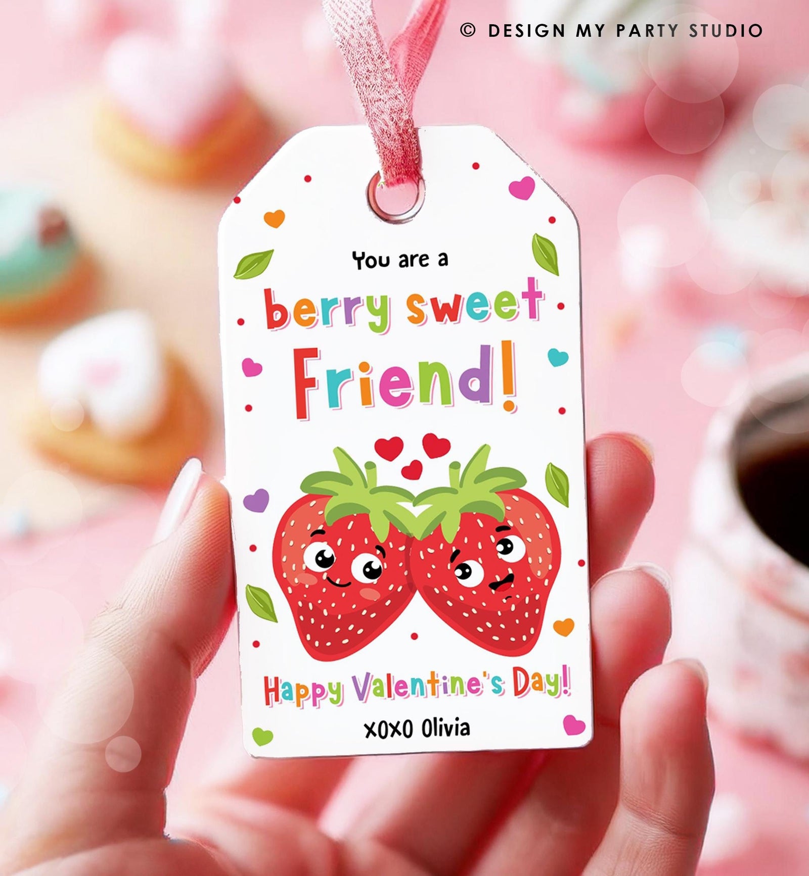Editable You are a Berry Sweet Friend Valentines Day Gift Tag Strawberry Strawberries Card Kids School Classroom Template Printable 0370