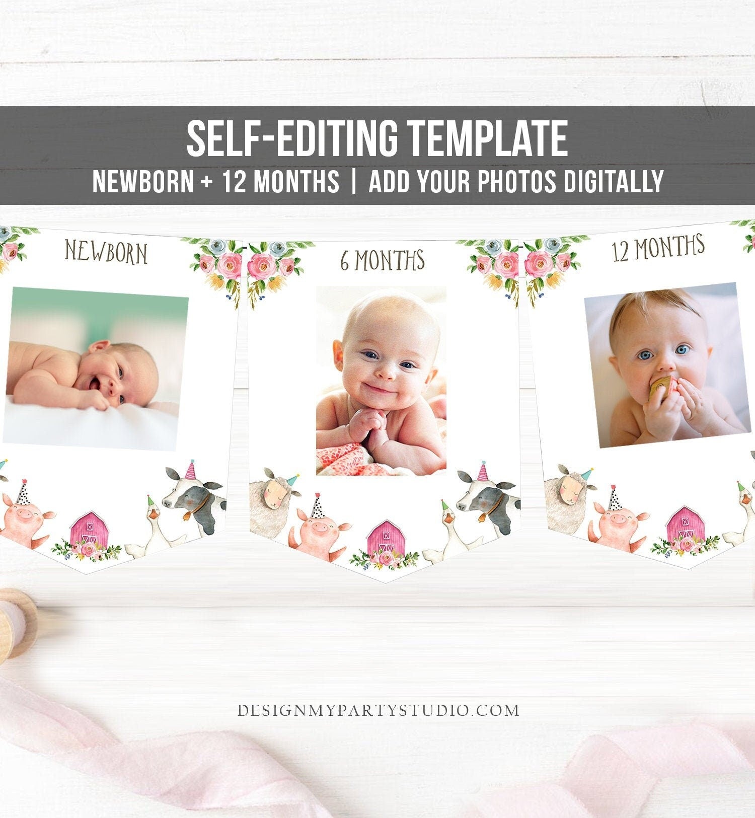Editable Pink Farm Animals First Birthday Banner Monthly Photo Banner Barnyard Bash Decor Floral Digital Download Template Printable 0155