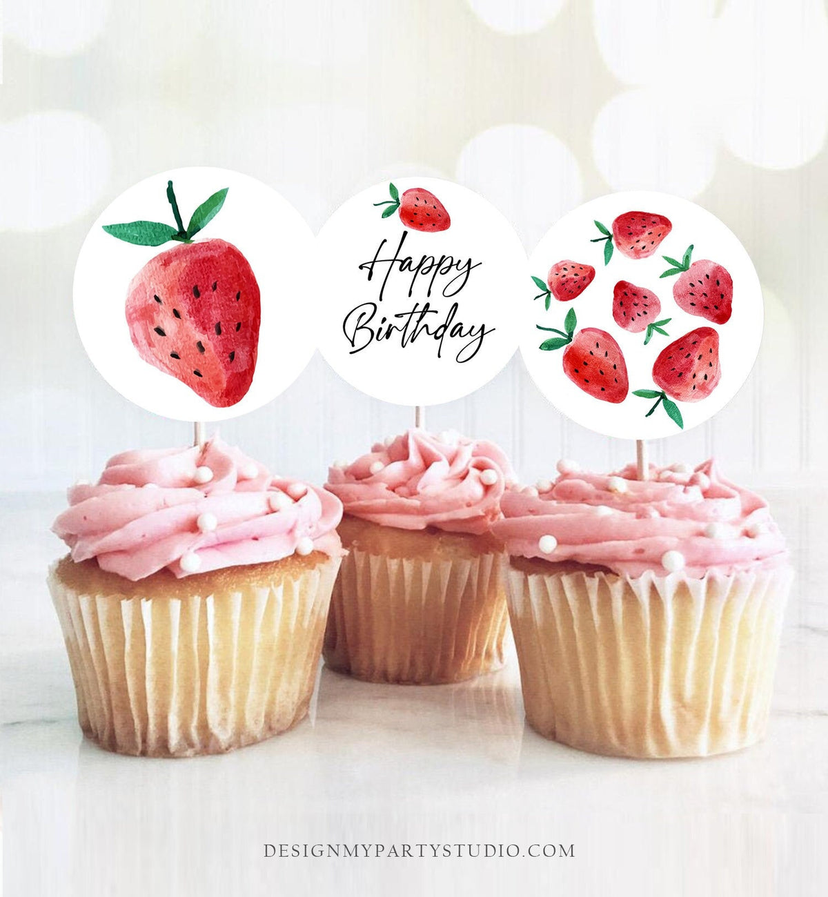 Strawberry Birthday Cupcake Toppers Favor Tags Girl First Birthday Party Decor Berry Sweet 1st Strawberries Digital Download Printable 0399