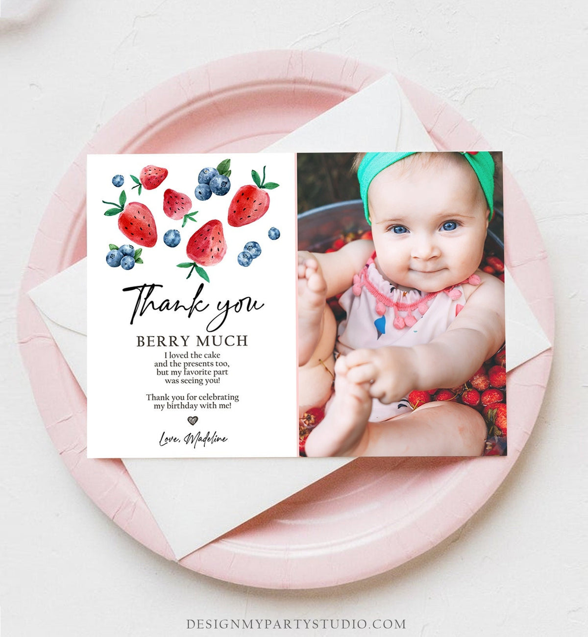 Editable Blueberry Strawberry Thank You Card Berry First Birthday Berry Sweet Farmers Market Digital Download Template Printable 0399