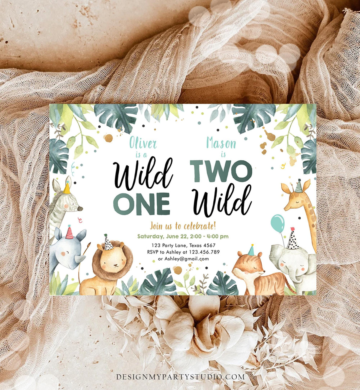 Editable Safari Animals Joint Birthday Invitation Boys Wild One Two Wild Combined Zoo 1st 2nd First Second Digital Template Printable 0163