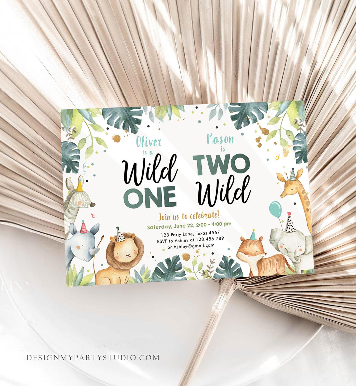 Editable Safari Animals Joint Birthday Invitation Boys Wild One Two Wild Combined Zoo 1st 2nd First Second Digital Template Printable 0163