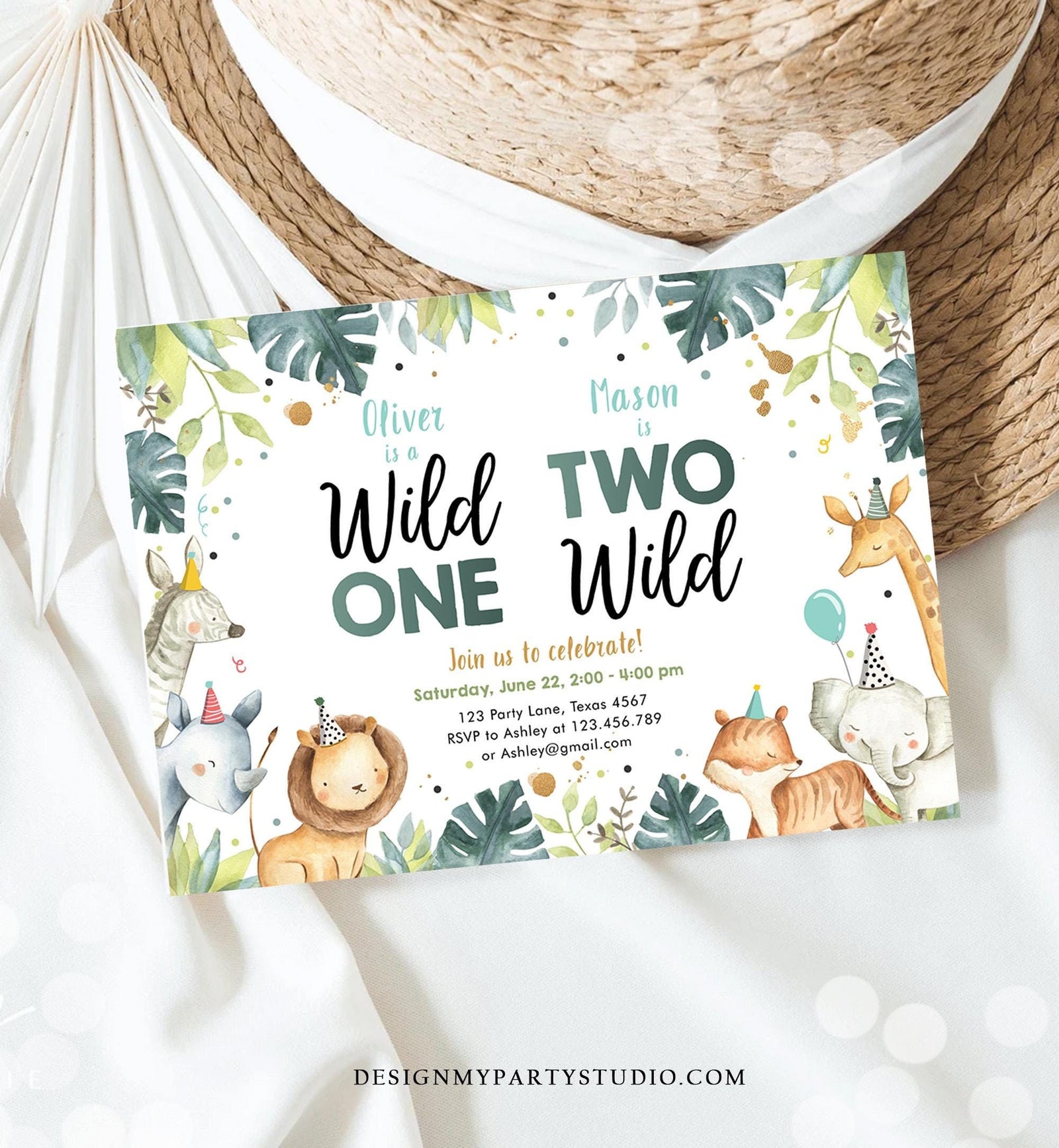 Editable Safari Animals Joint Birthday Invitation Boys Wild One Two Wild Combined Zoo 1st 2nd First Second Digital Template Printable 0163