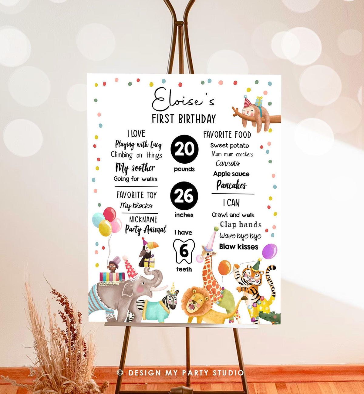 Editable Party Animals Birthday Milestones Girl Boy Wild One Animals Zoo Safari First Birthday 1st Digital Download Template Printable 0482