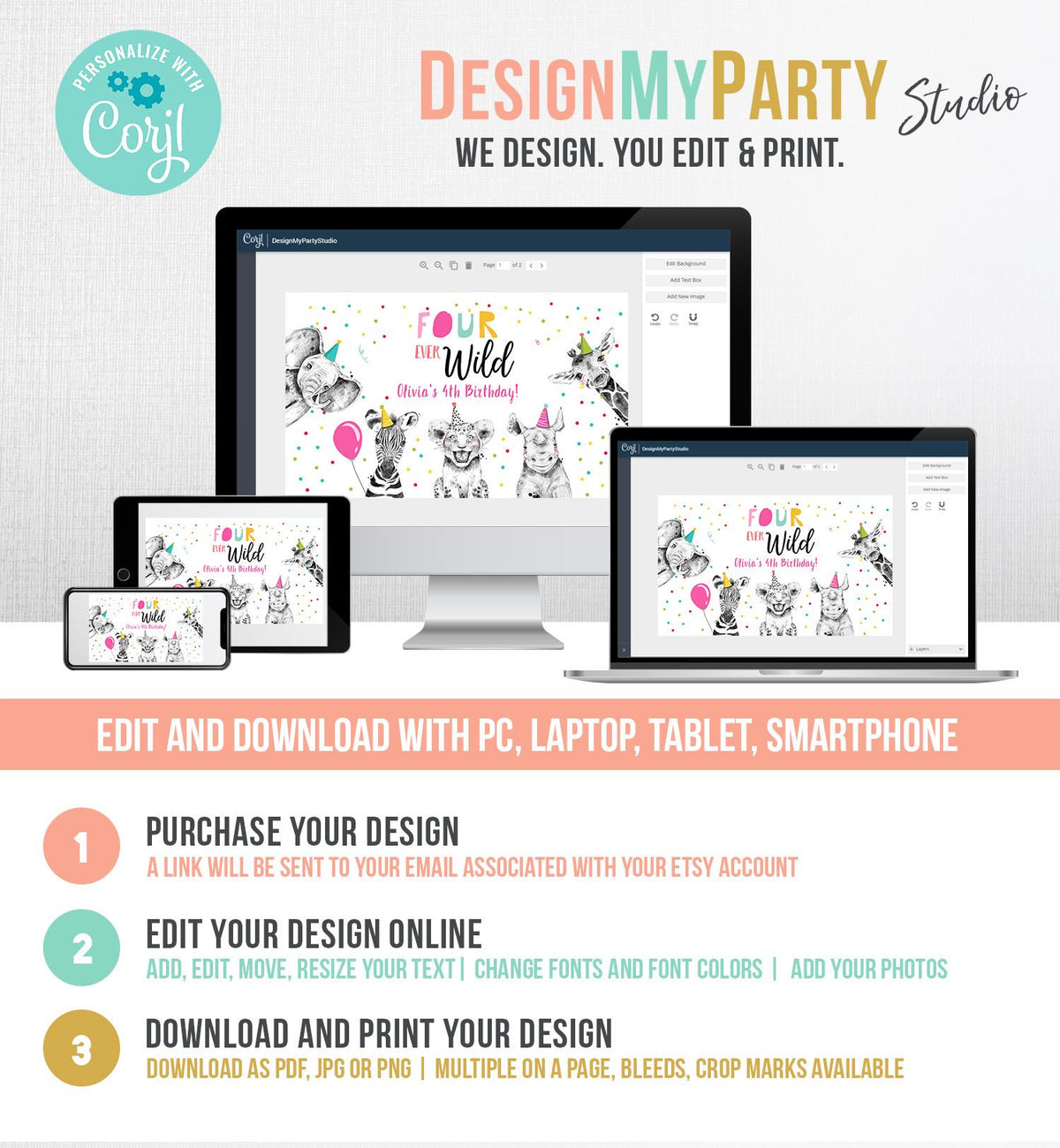 Editable Party Animals Four Ever Wild Backdrop Banner Safari Animals Girl Pink Fourth Birthday Welcome Corjl Template Printable 0390