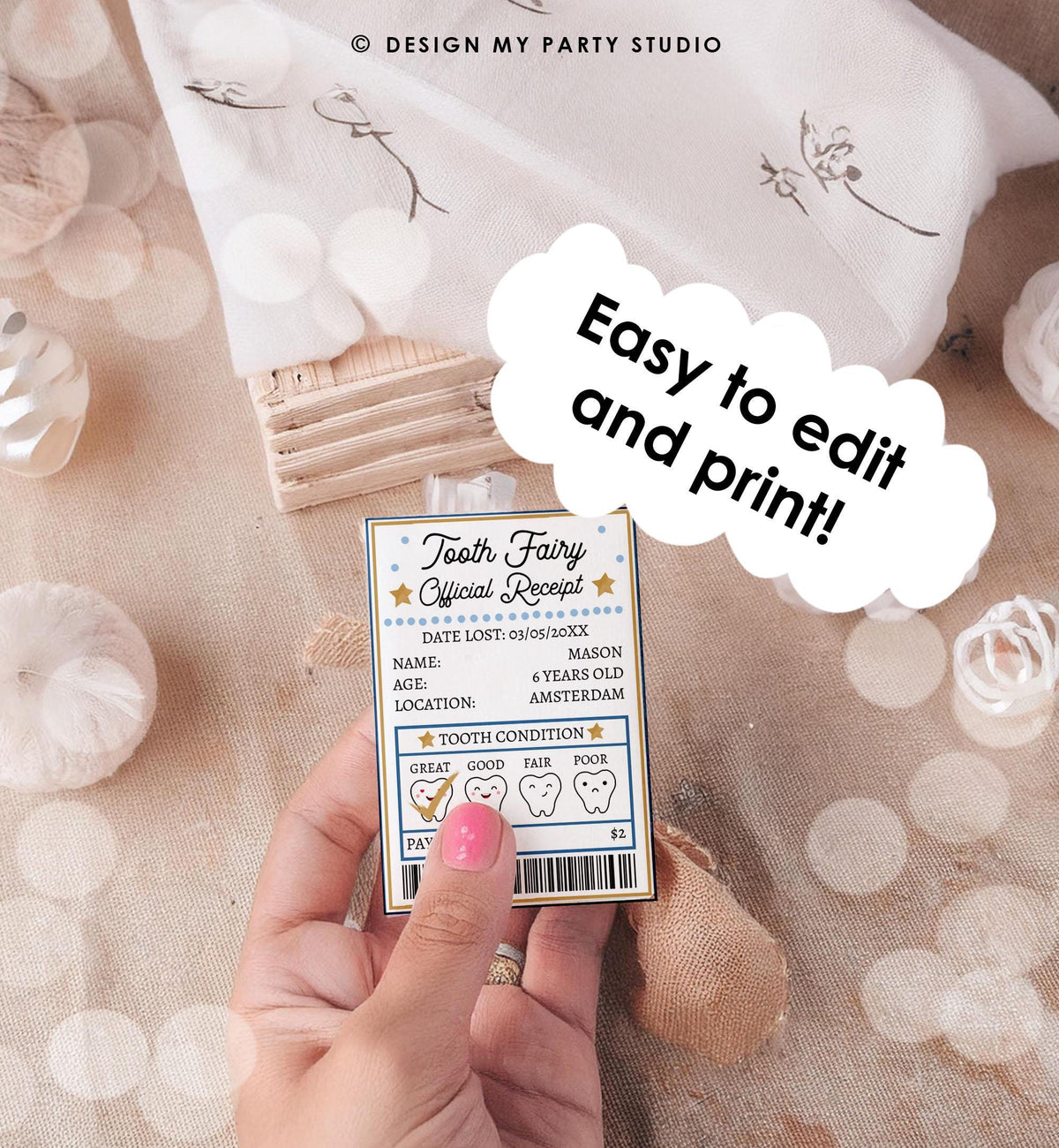 Editable Mini Tooth Fairy Set Receipt and Letter with Envelope Tooth Fairy Kit Lost Tooth Fairy Note Boys Digital Template Printable 0526