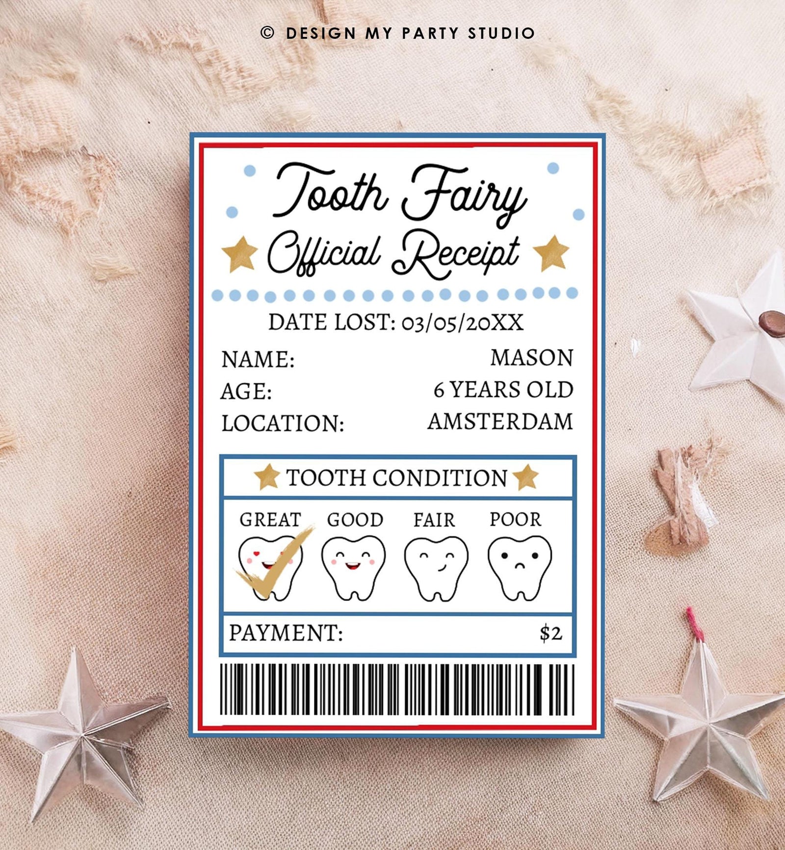 Editable Mini Tooth Fairy Set Receipt and Letter with Envelope Tooth Fairy Kit Lost Tooth Fairy Note Boys Digital Template Printable 0526