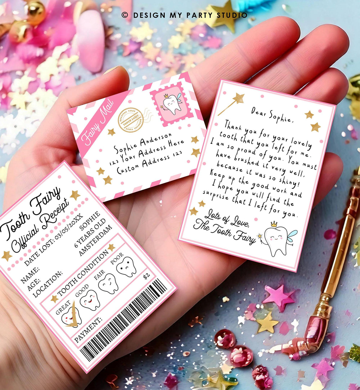 Editable Mini Tooth Fairy Set Pink Receipt and Letter with Envelope Tooth Fairy Kit Lost Tooth Fairy Note Digital Template Printable 0526