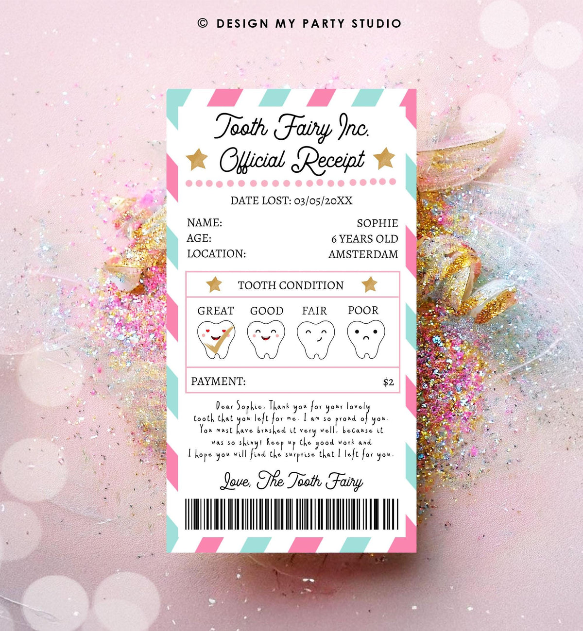Editable Tooth Fairy Receipt First Lost Tooth Certificate Official Fairy Note Kids Tooth Fairy Letter Girl Digital Template Printable 0526