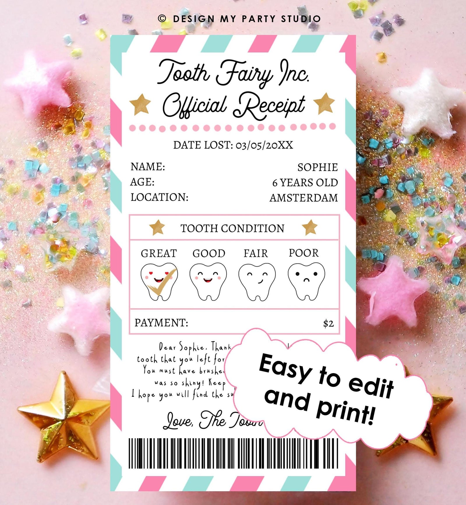 Editable Tooth Fairy Receipt First Lost Tooth Certificate Official Fairy Note Kids Tooth Fairy Letter Girl Digital Template Printable 0526