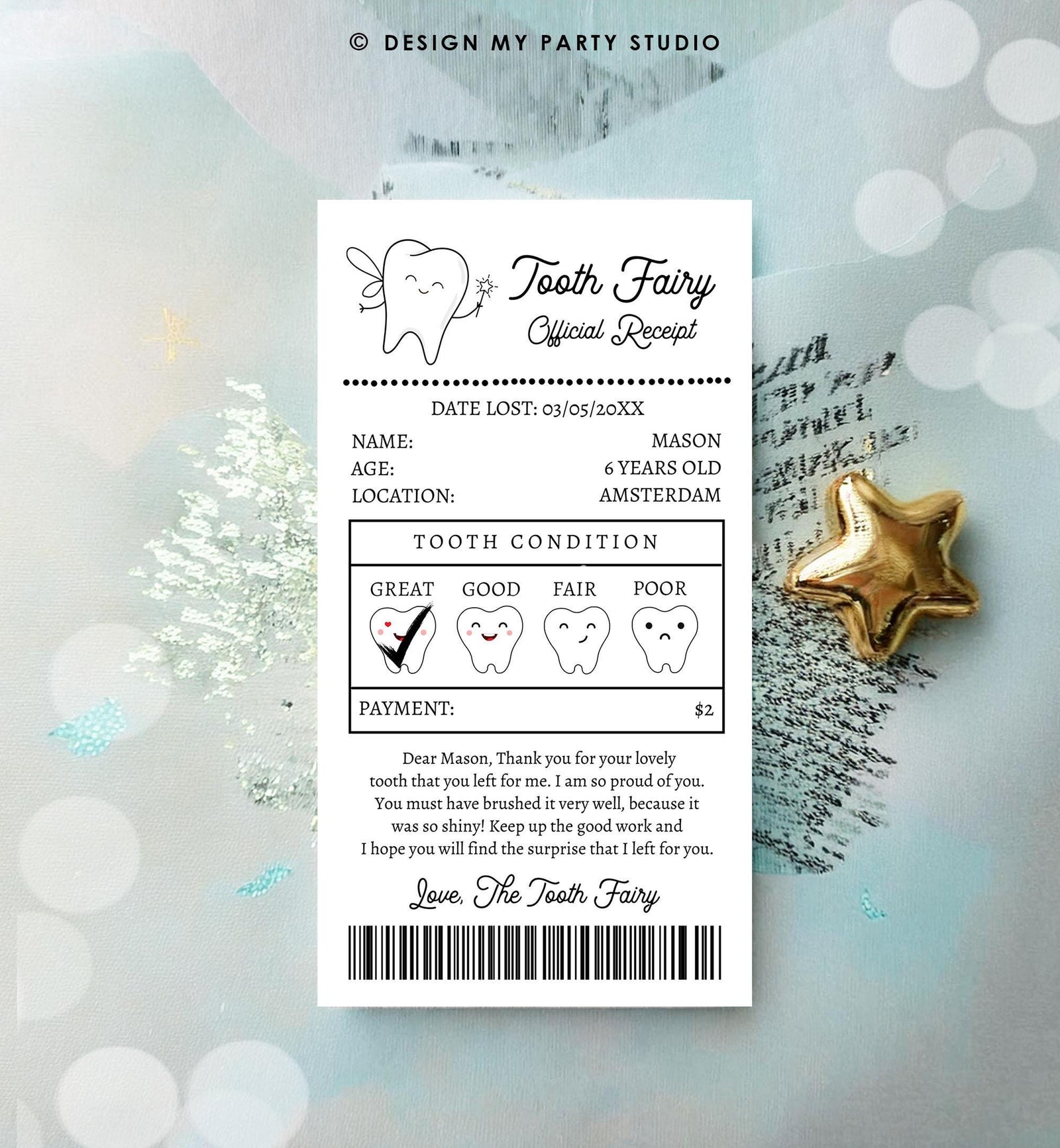 Editable Tooth Fairy Receipt Lost Tooth Certificate Official Fairy Note Kids Tooth Fairy Letter Neutral Digital Template Printable 0526