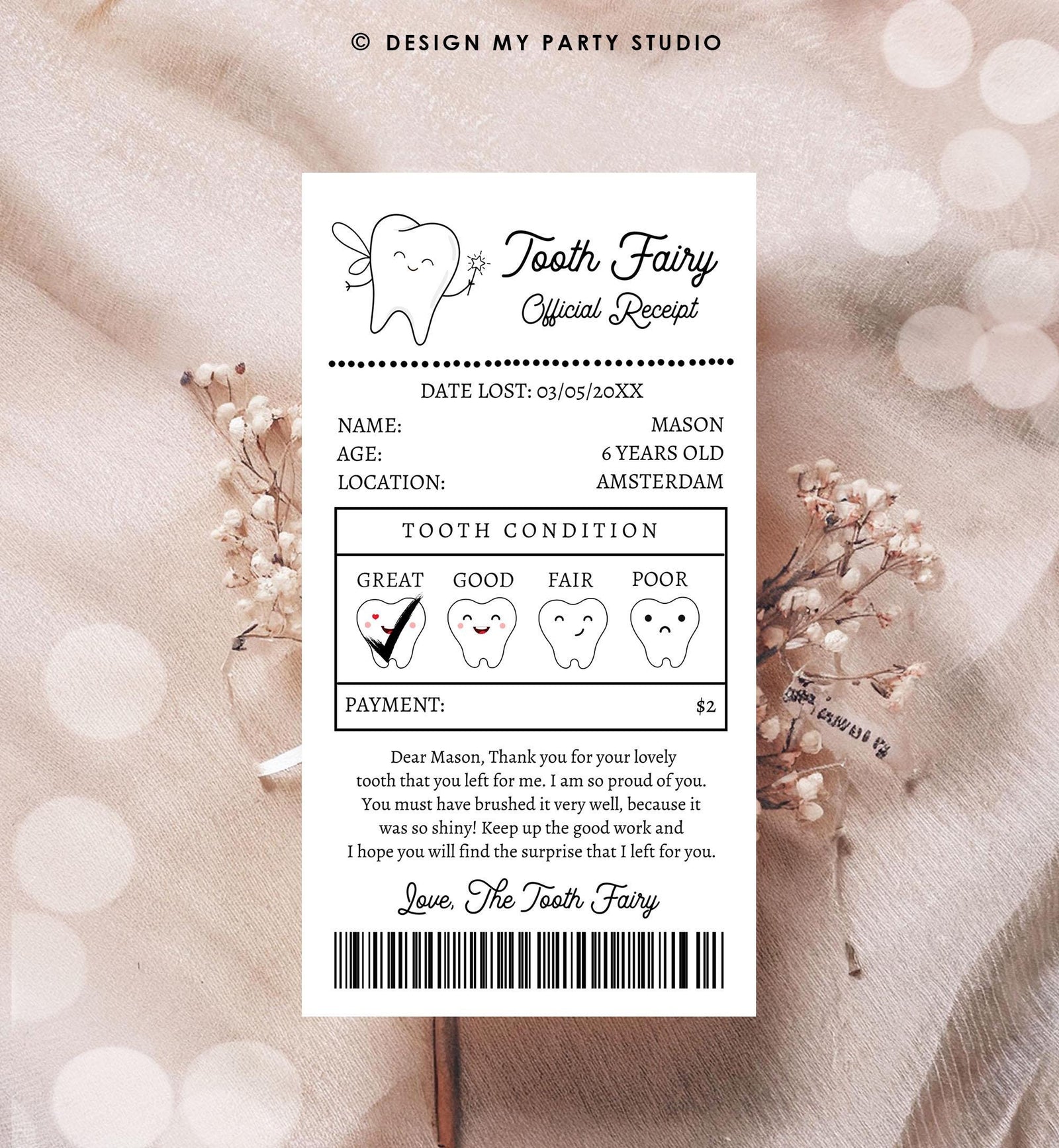 Editable Tooth Fairy Receipt Lost Tooth Certificate Official Fairy Note Kids Tooth Fairy Letter Neutral Digital Template Printable 0526