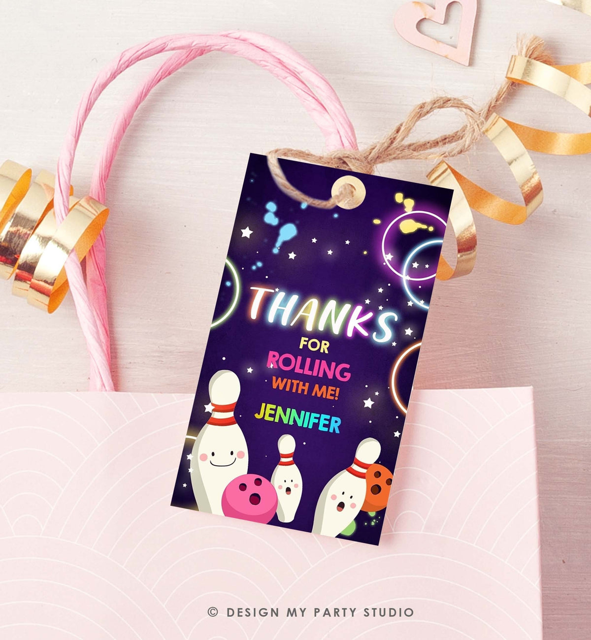 Editable Bowling Favor Tag Neon Glow Birthday Girl Bowling Thank You Tag Label tags Neon Pink Rolling With Me Labels Template Printable 0172