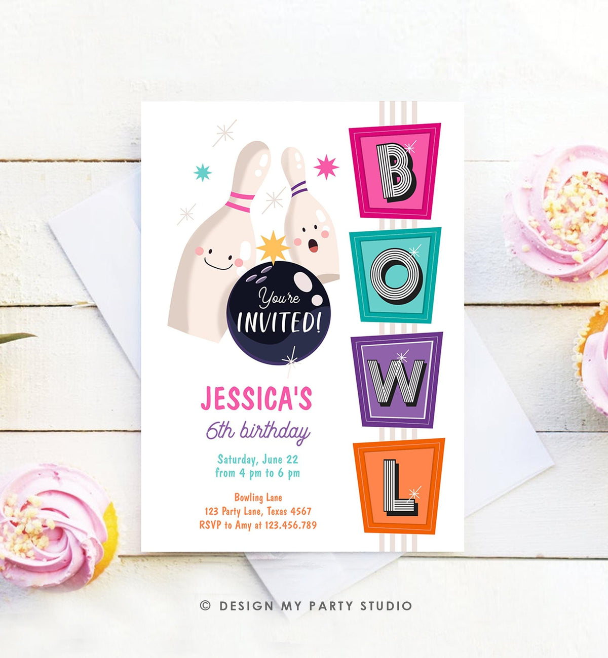 Editable Bowling Birthday Invitation Strike Up Some Fun Girl Pink Bowling Party Pizza Teen Retro Digital Download Template Printable 0505