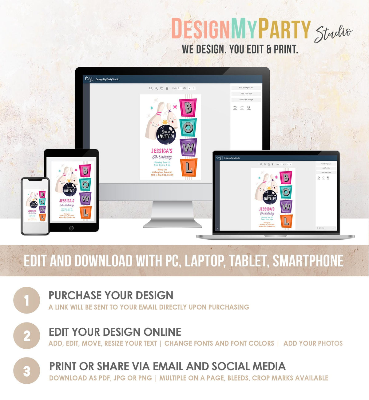 Editable Bowling Birthday Invitation Strike Up Some Fun Girl Pink Bowling Party Pizza Teen Retro Digital Download Template Printable 0505