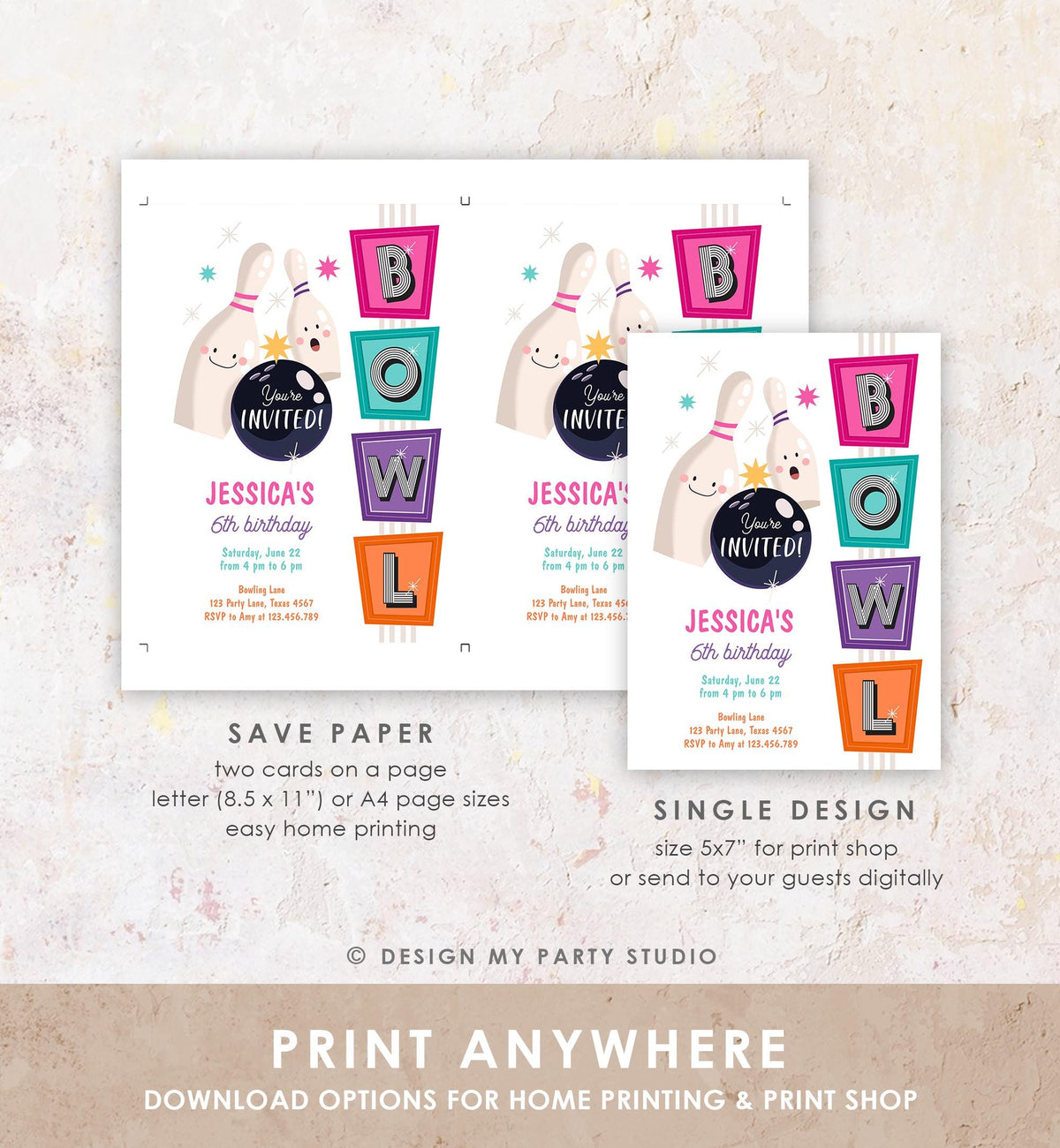 Editable Bowling Birthday Invitation Strike Up Some Fun Girl Pink Bowling Party Pizza Teen Retro Digital Download Template Printable 0505