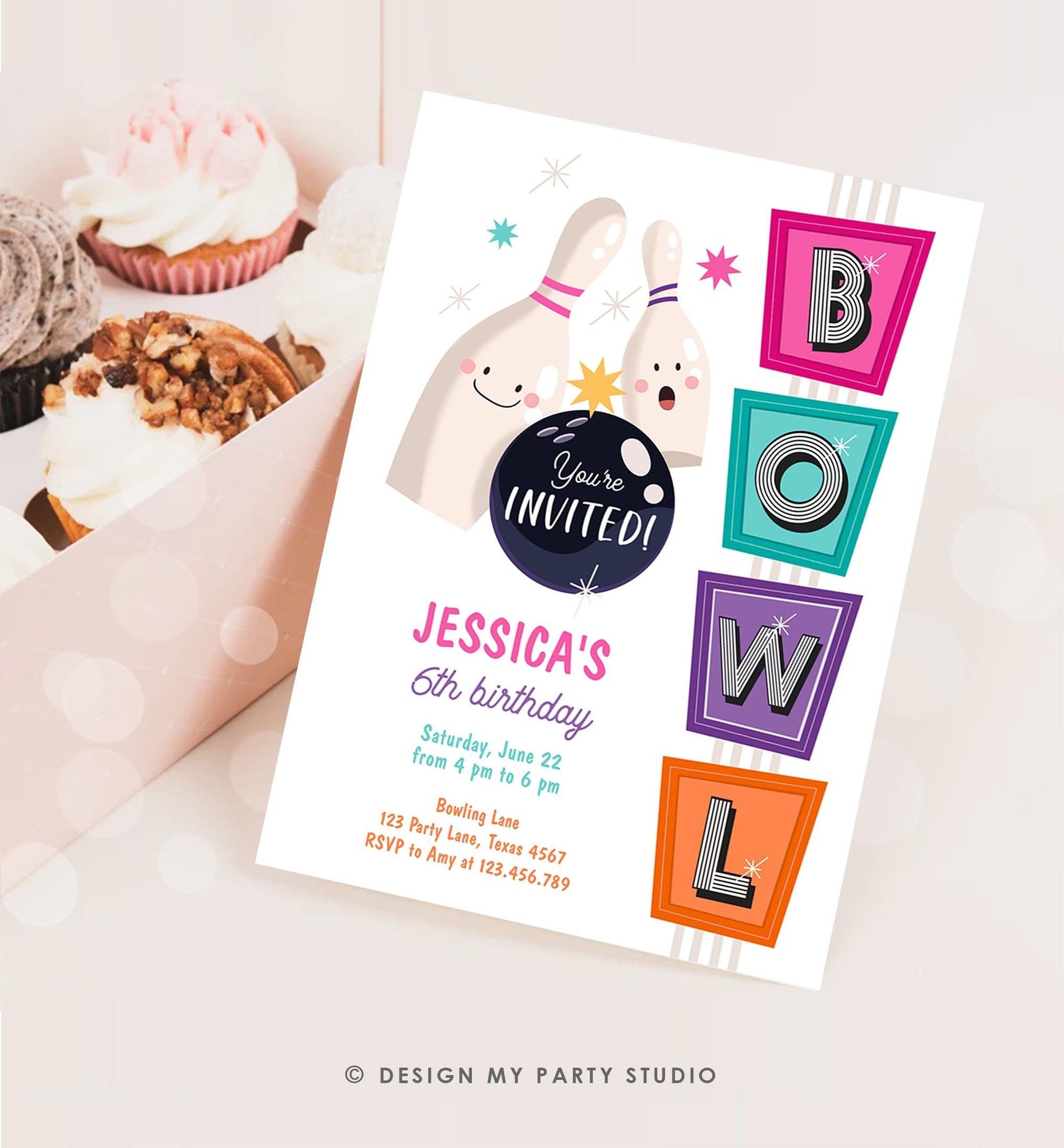 Editable Bowling Birthday Invitation Strike Up Some Fun Girl Pink Bowling Party Pizza Teen Retro Digital Download Template Printable 0505