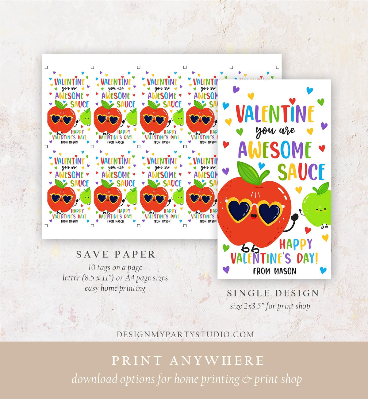 Editable You&#39;re Awesome Sauce Valentines Day Gift Tag Applesauce Fruit Juice Pouch Favor Kids School Classroom Template Printable 0370