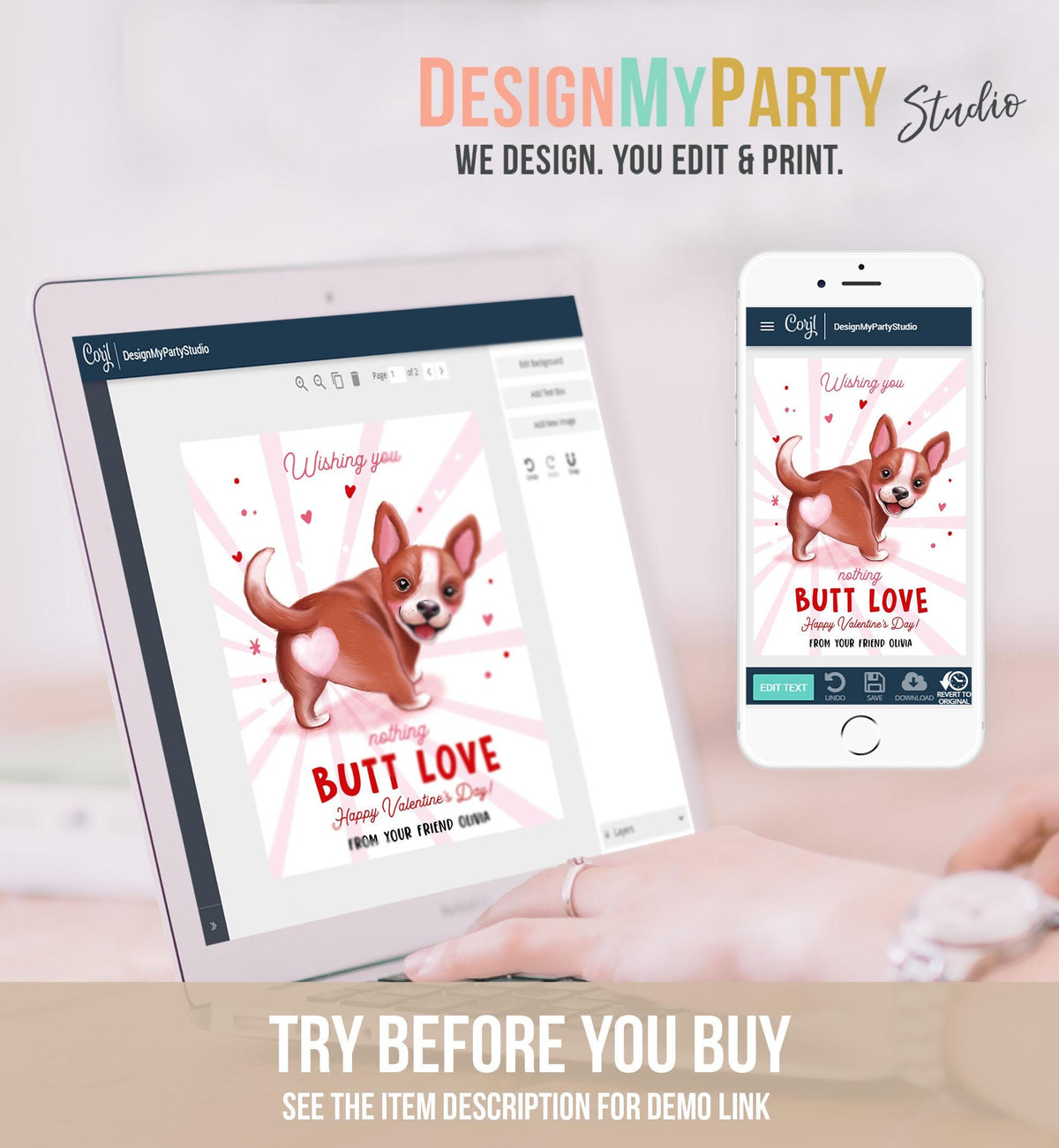 Editable Funny Valentine&#39;s Day Tag Butt Love Dog Puppy Valentine Gift Tag Kids School Classroom Card Digital Template Printable 0370