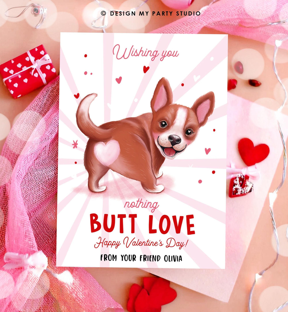 Editable Funny Valentine&#39;s Day Tag Butt Love Dog Puppy Valentine Gift Tag Kids School Classroom Card Digital Template Printable 0370