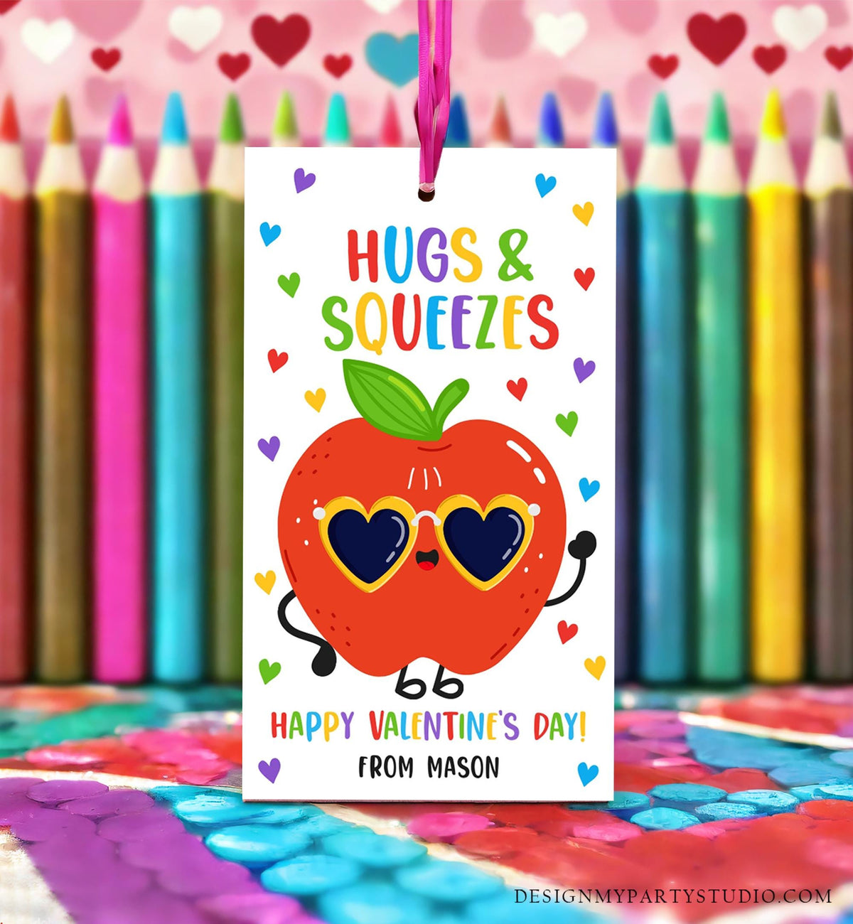 Editable Hugs and Squeezes Valentines Day Gift Tag Applesauce Fruit Juice Pouch Favor Kids School Classroom Template Printable 0370