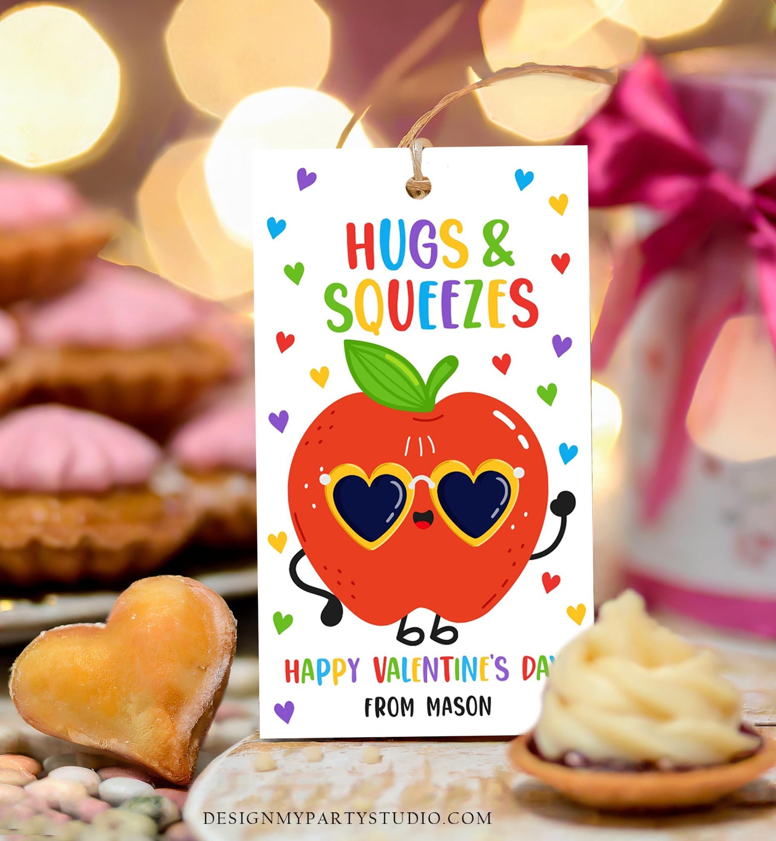 Editable Hugs and Squeezes Valentines Day Gift Tag Applesauce Fruit Juice Pouch Favor Kids School Classroom Template Printable 0370