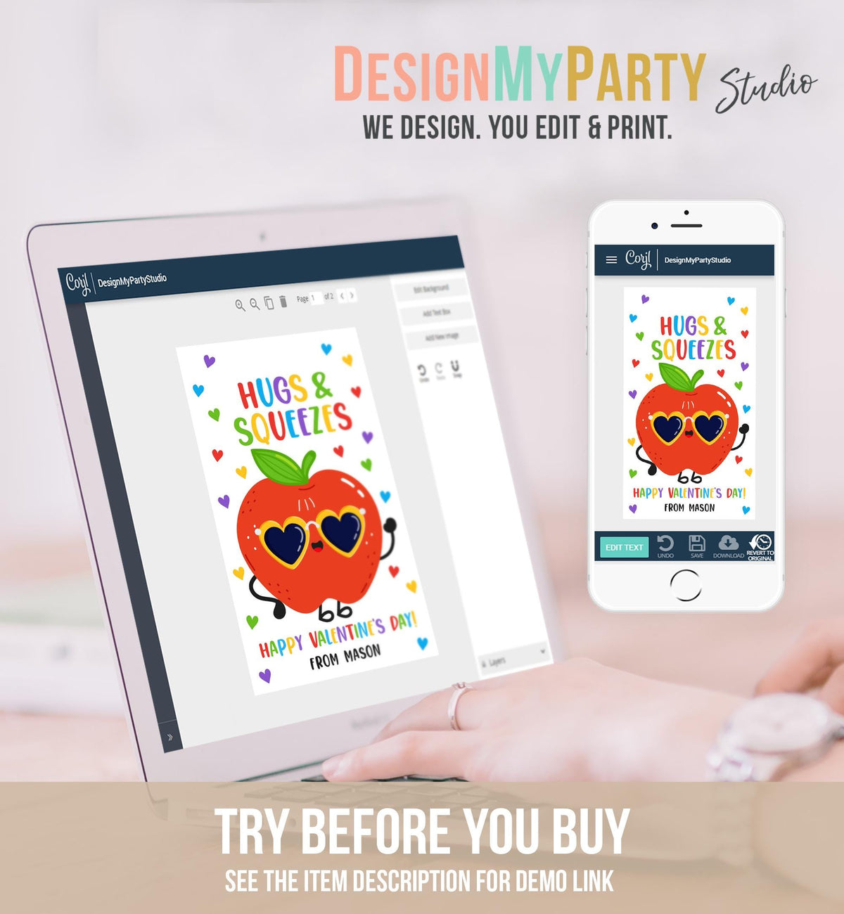 Editable Hugs and Squeezes Valentines Day Gift Tag Applesauce Fruit Juice Pouch Favor Kids School Classroom Template Printable 0370