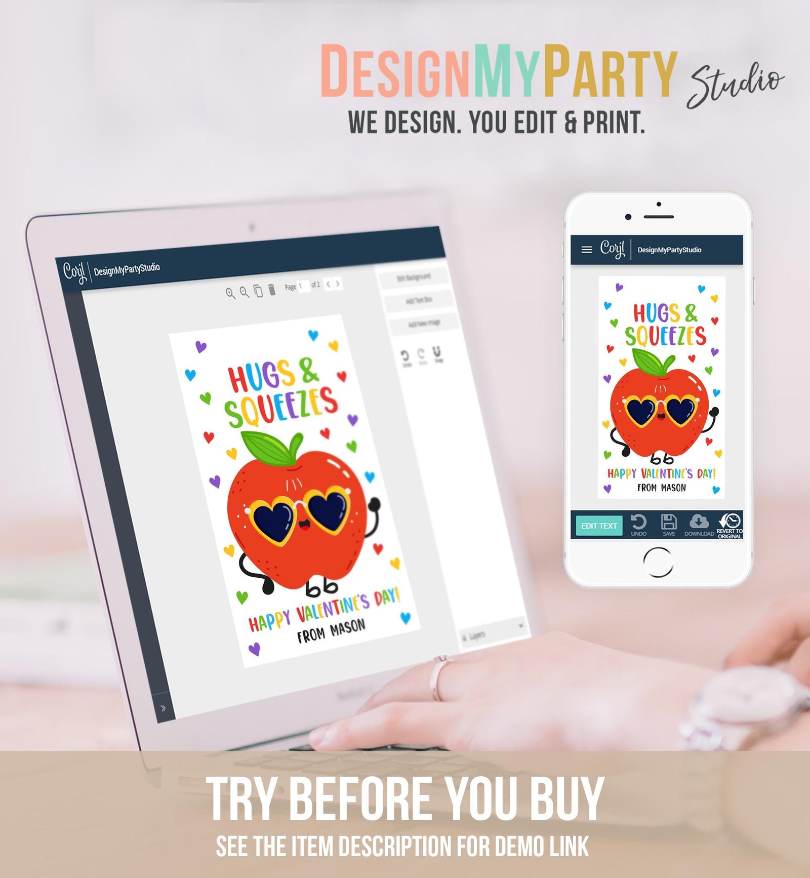 Editable Hugs and Squeezes Valentines Day Gift Tag Applesauce Fruit Juice Pouch Favor Kids School Classroom Template Printable 0370