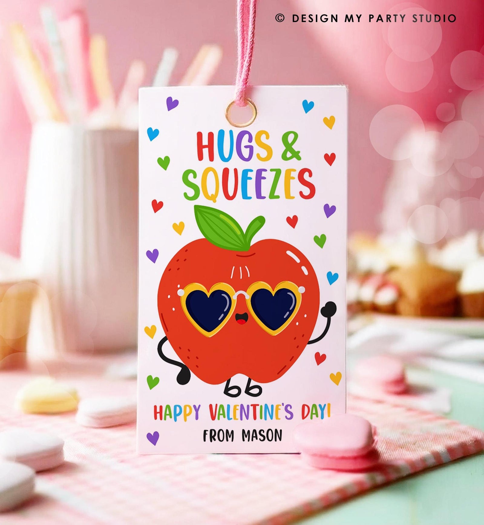 Editable Hugs and Squeezes Valentines Day Gift Tag Applesauce Fruit Juice Pouch Favor Kids School Classroom Template Printable 0370
