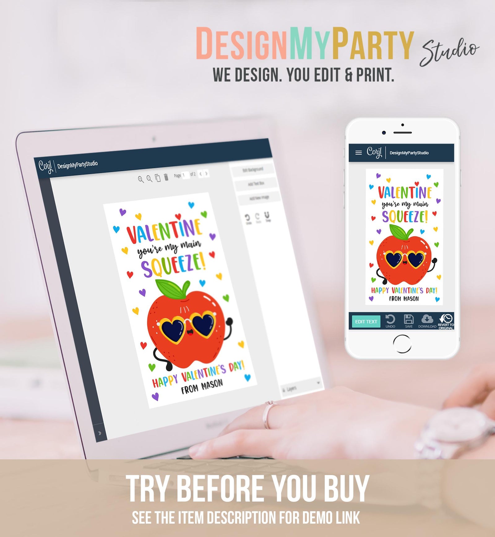 Editable Valentine Main Squeeze Valentines Day Gift Tag Applesauce Fruit Juice Pouch Favor Kids School Classroom Template Printable 0370