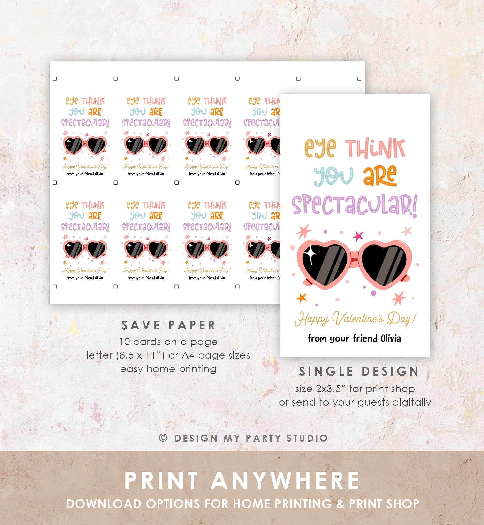Editable Sunglasses Valentines Tag Valentines Glasses Eye Think You Are Spectacular Non Candy Kids School Classroom Template Printable 0370