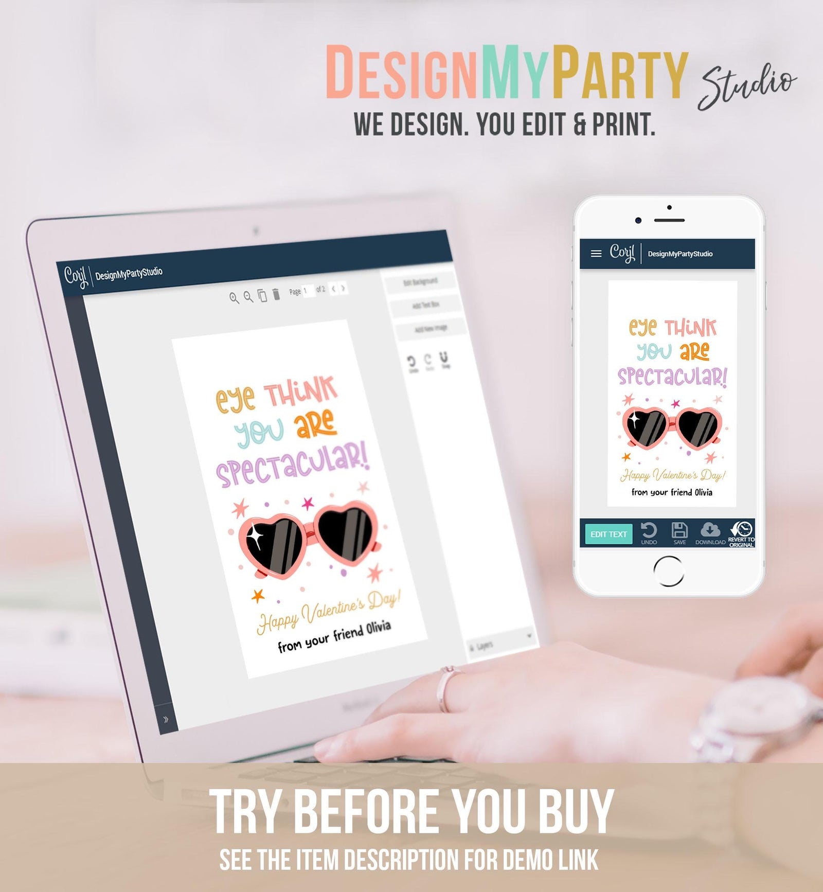 Editable Sunglasses Valentines Tag Valentines Glasses Eye Think You Are Spectacular Non Candy Kids School Classroom Template Printable 0370