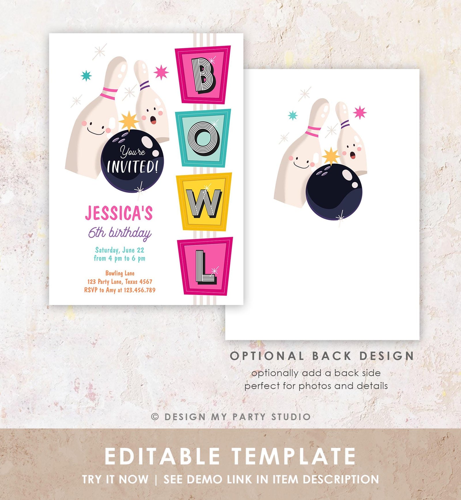 Editable Bowling Birthday Invitation Strike Up Some Fun Girl Pink Bowling Party Pizza Teen Retro Digital Download Template Printable 0505