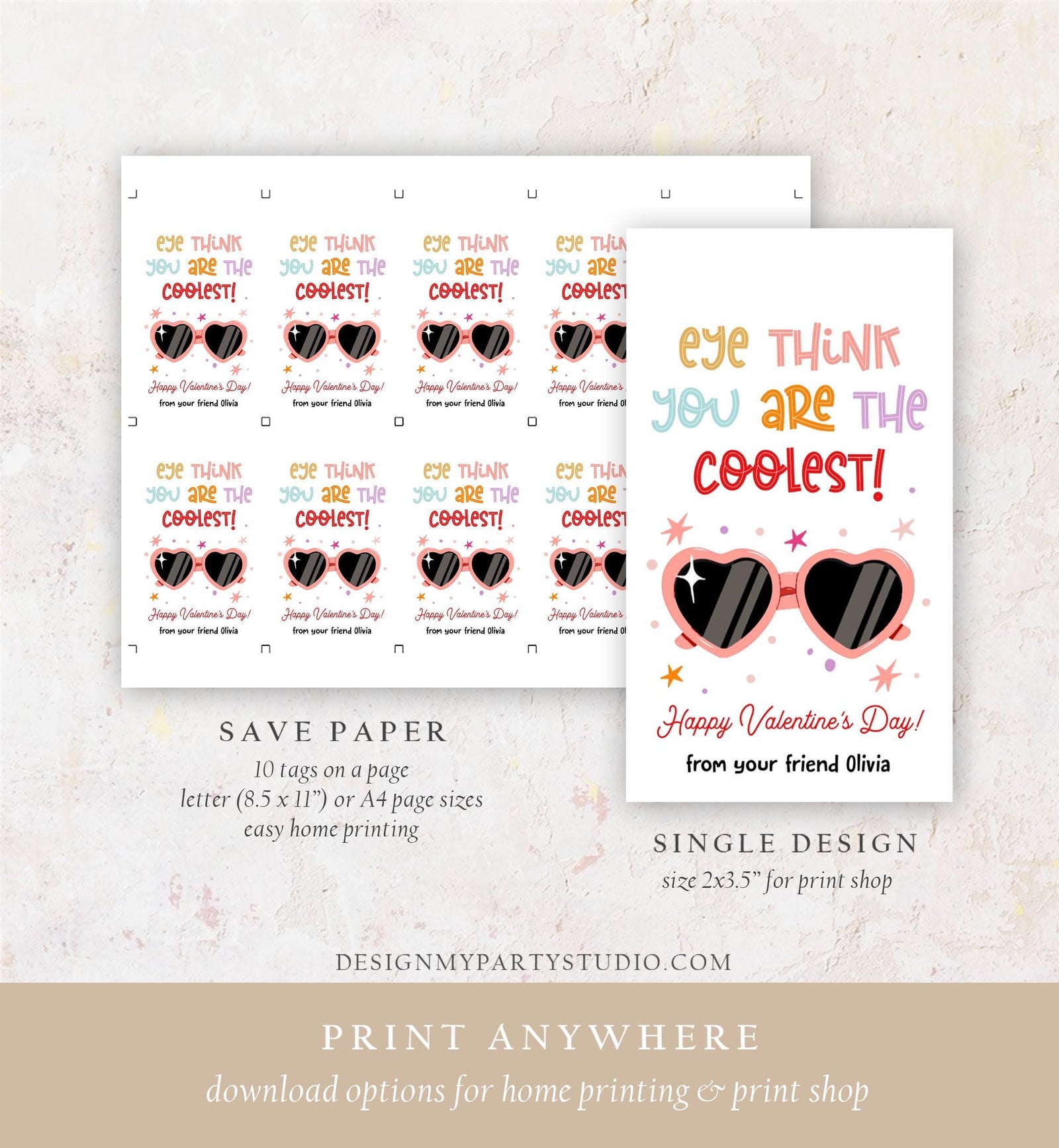 Editable Sunglasses Valentines Tag Valentines Glasses Eye Think You are The Coolest Non Candy Kids School Classroom Template Printable 0370