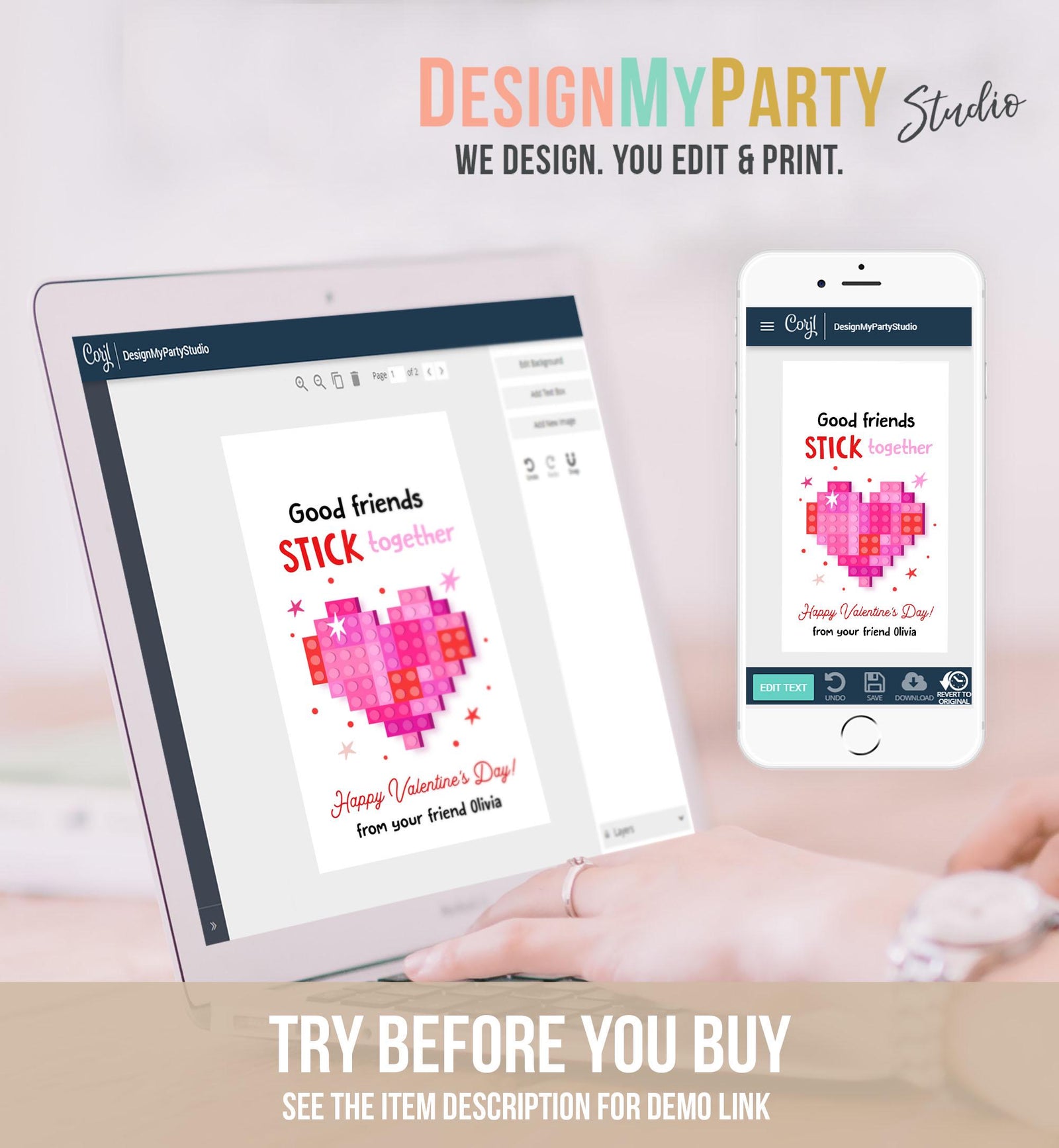 Editable Valentines Day Gift Tag Building Blocks Non Candy Treat Stick Together Kids School Classroom Download Template Printable 0370