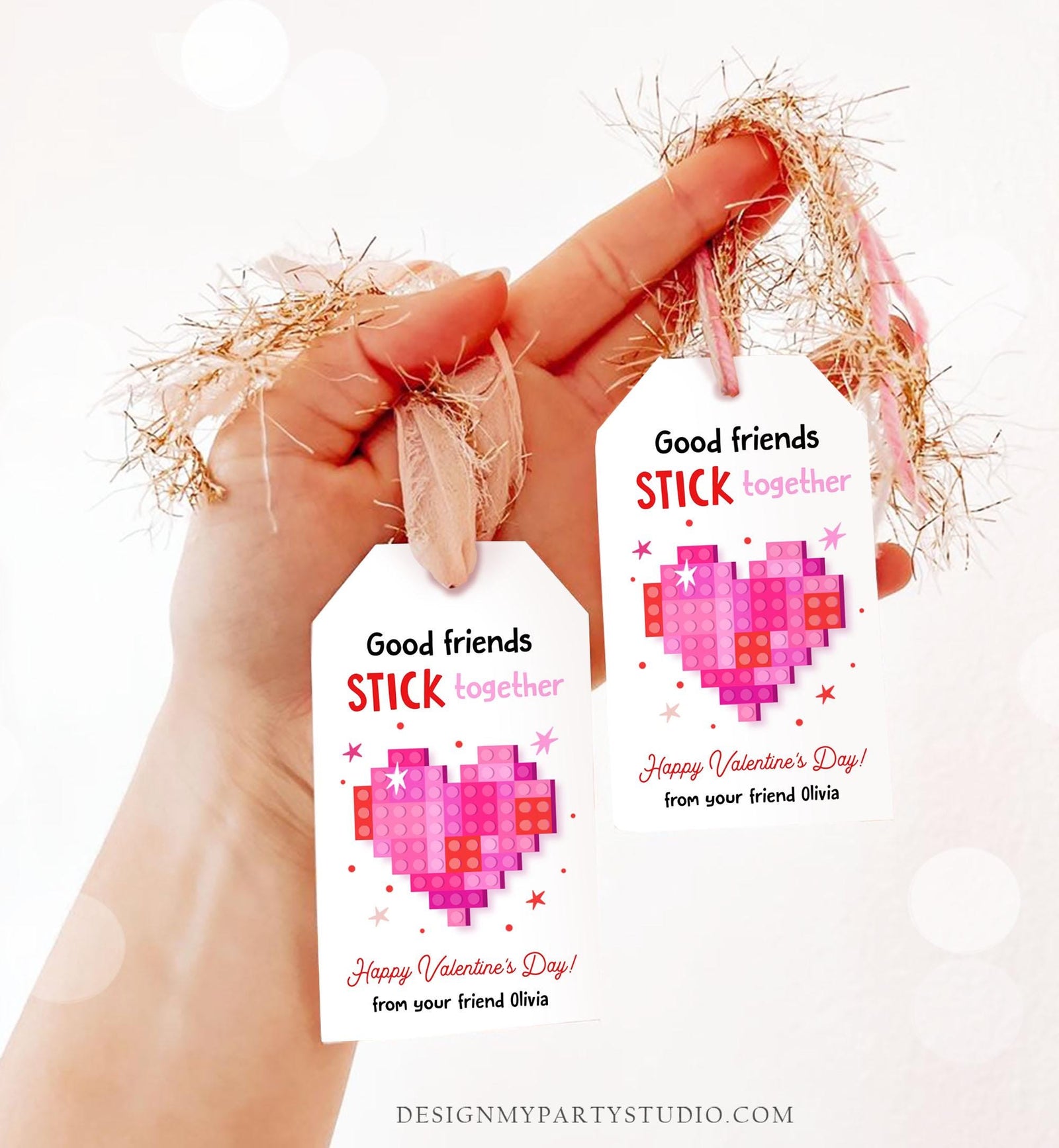 Editable Valentines Day Gift Tag Building Blocks Non Candy Treat Stick Together Kids School Classroom Download Template Printable 0370