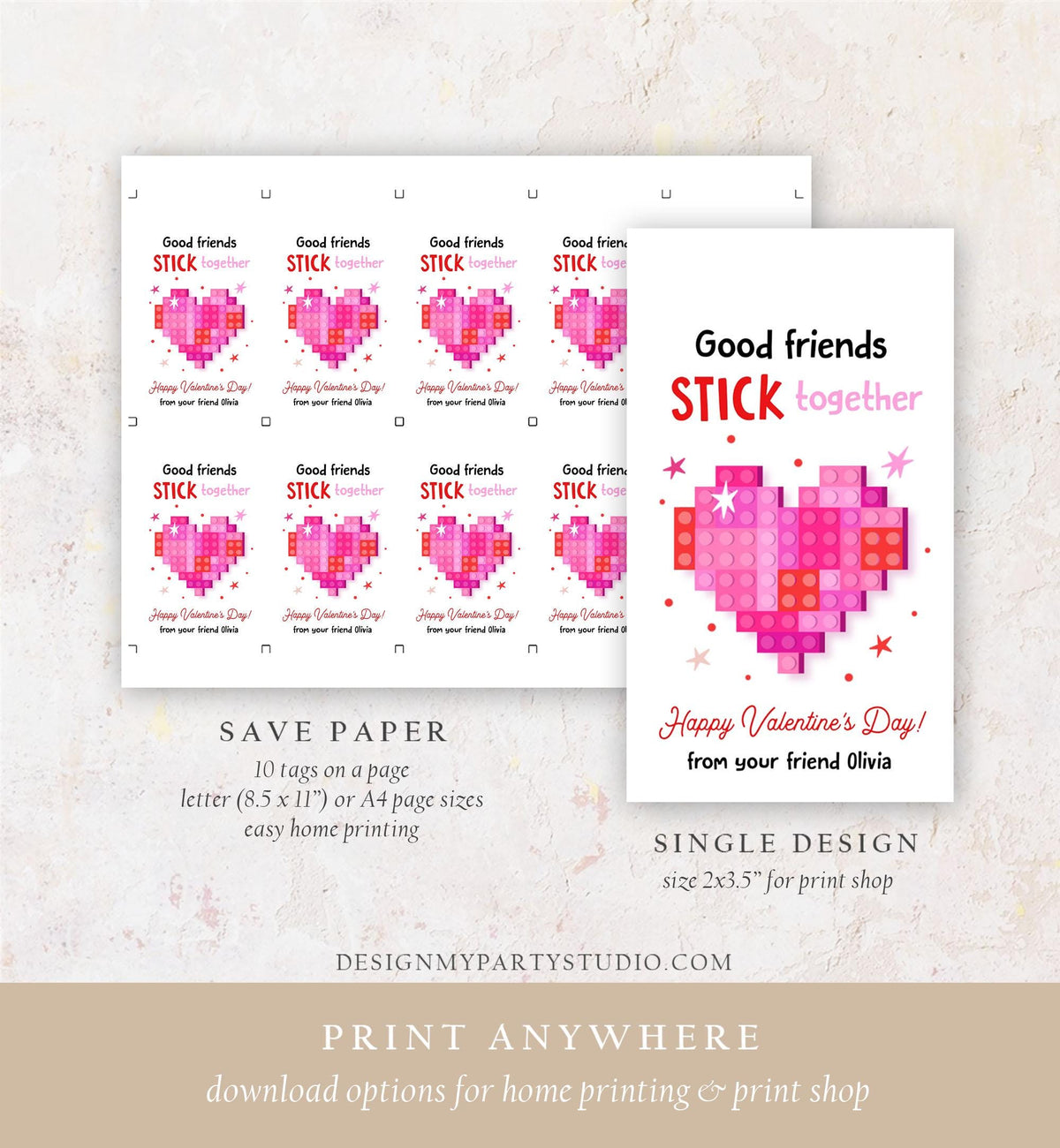 Editable Valentines Day Gift Tag Building Blocks Non Candy Treat Stick Together Kids School Classroom Download Template Printable 0370