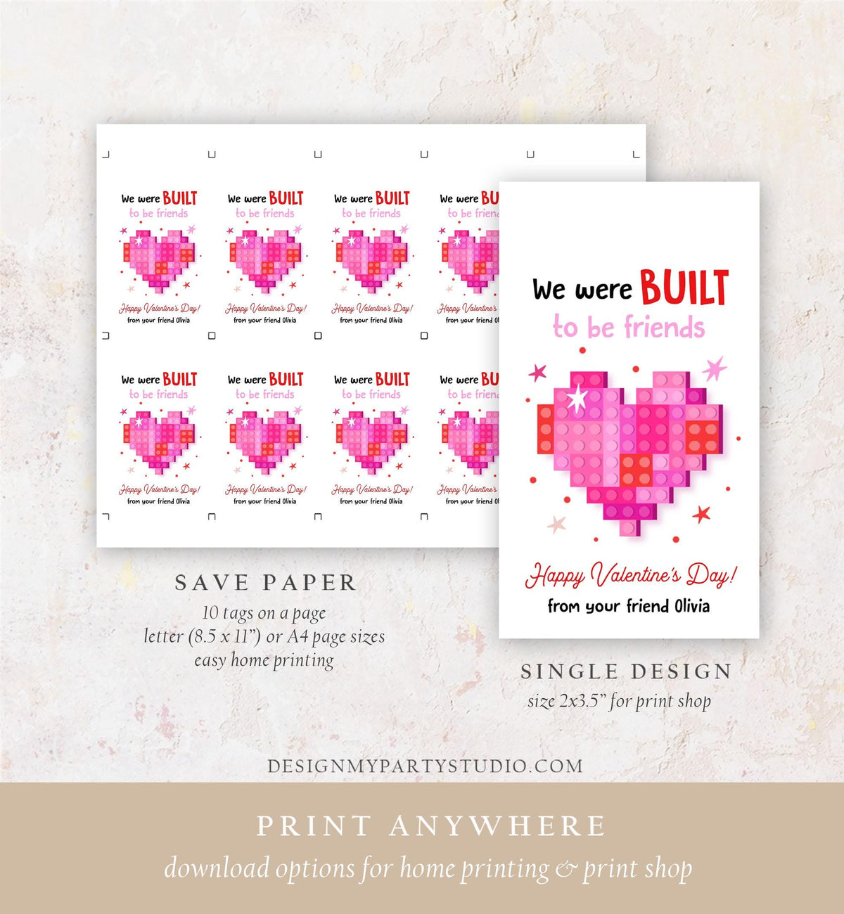 Editable Valentines Day Gift Tag Building Blocks Non Candy Treat Built To Be Friends Kids School Classroom Download Template Printable 0370