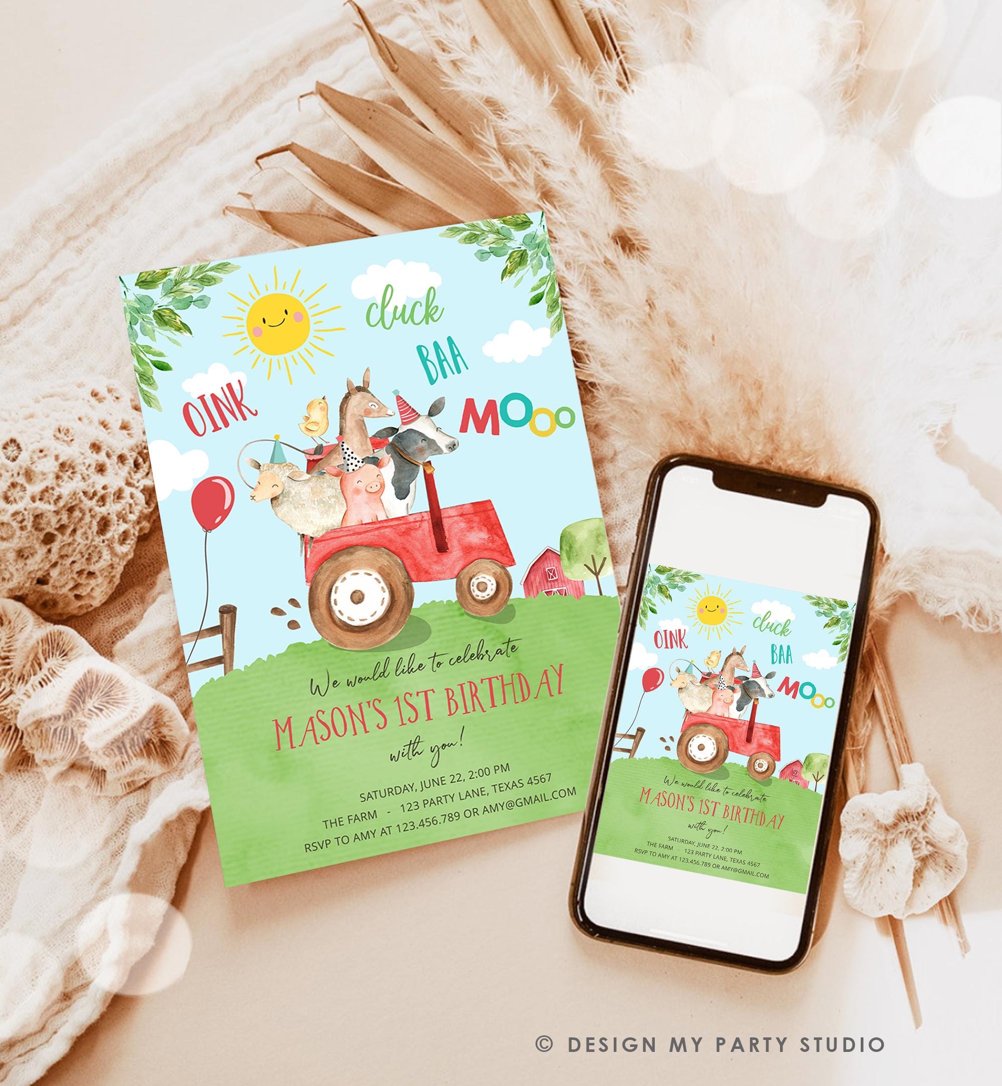 Editable Farm Animals Birthday Invitation Boy Party Animals Boy Barnyard Red Tractor Party Digital Download Evite Template Printable 0155
