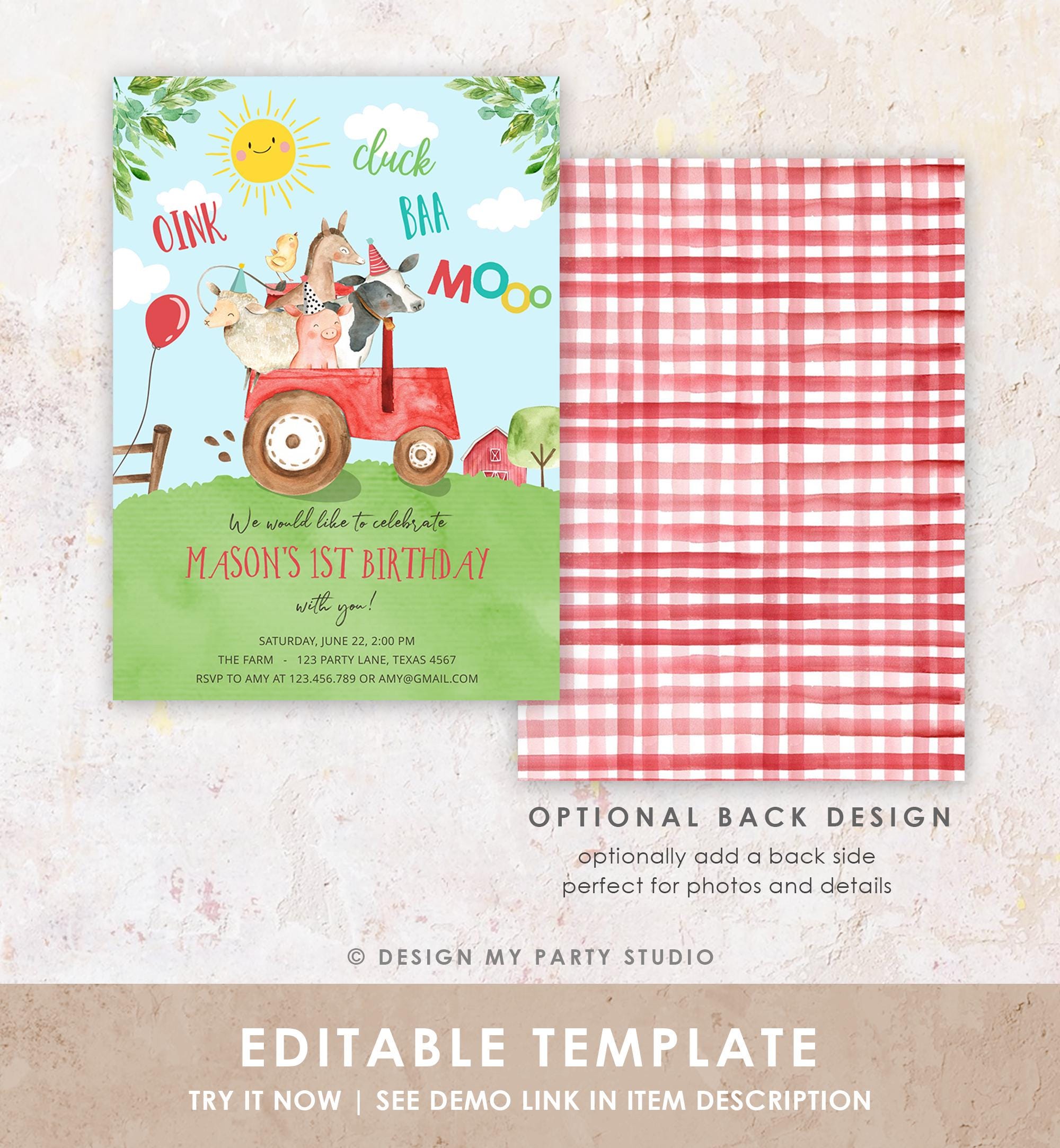 Editable Farm Animals Birthday Invitation Boy Party Animals Boy Barnyard Red Tractor Party Digital Download Evite Template Printable 0155