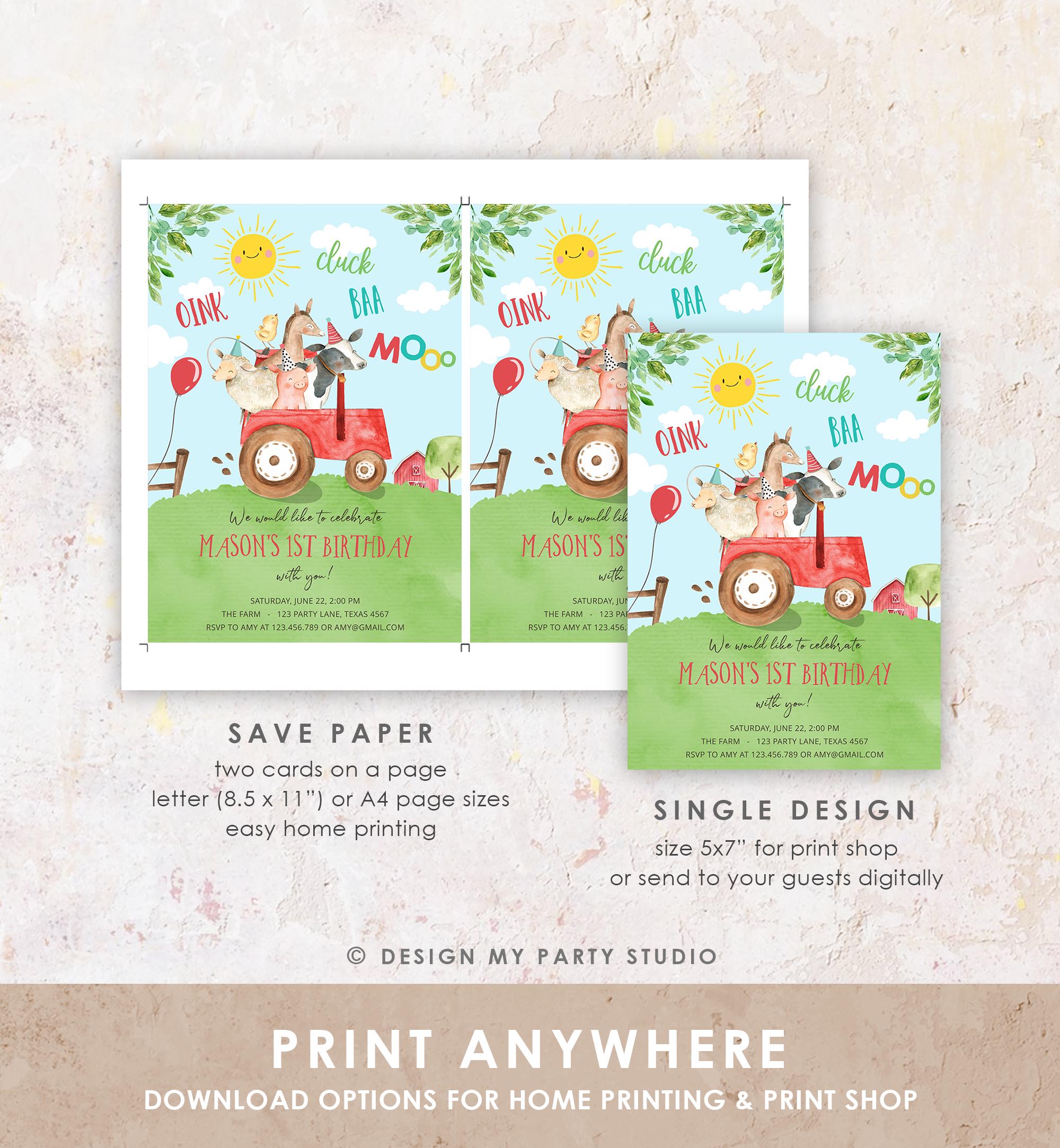 Editable Farm Animals Birthday Invitation Boy Party Animals Boy Barnyard Red Tractor Party Digital Download Evite Template Printable 0155